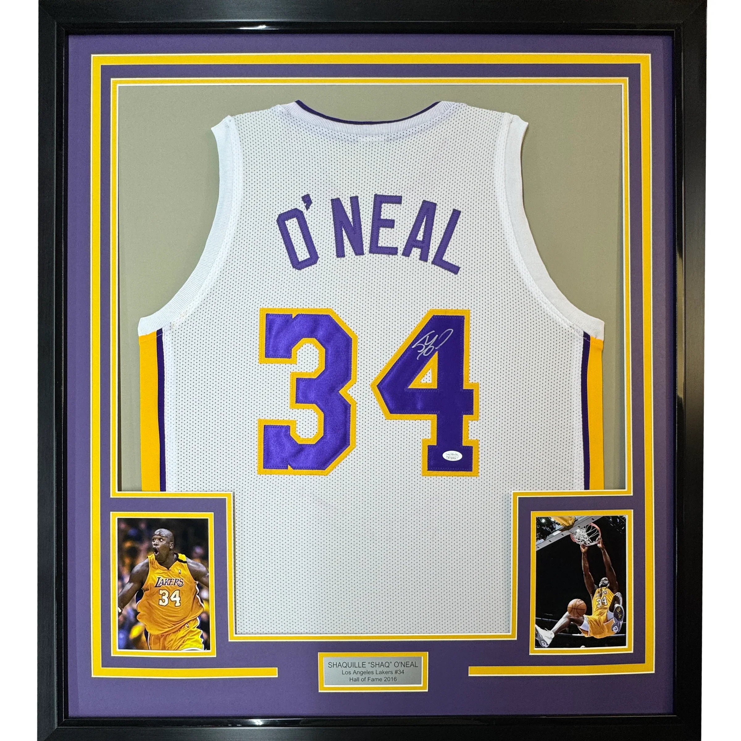 Framed Autographed/Signed Shaquille Shaq O'Neal 35x39 Los Angeles LA White Basketball Jersey JSA COA