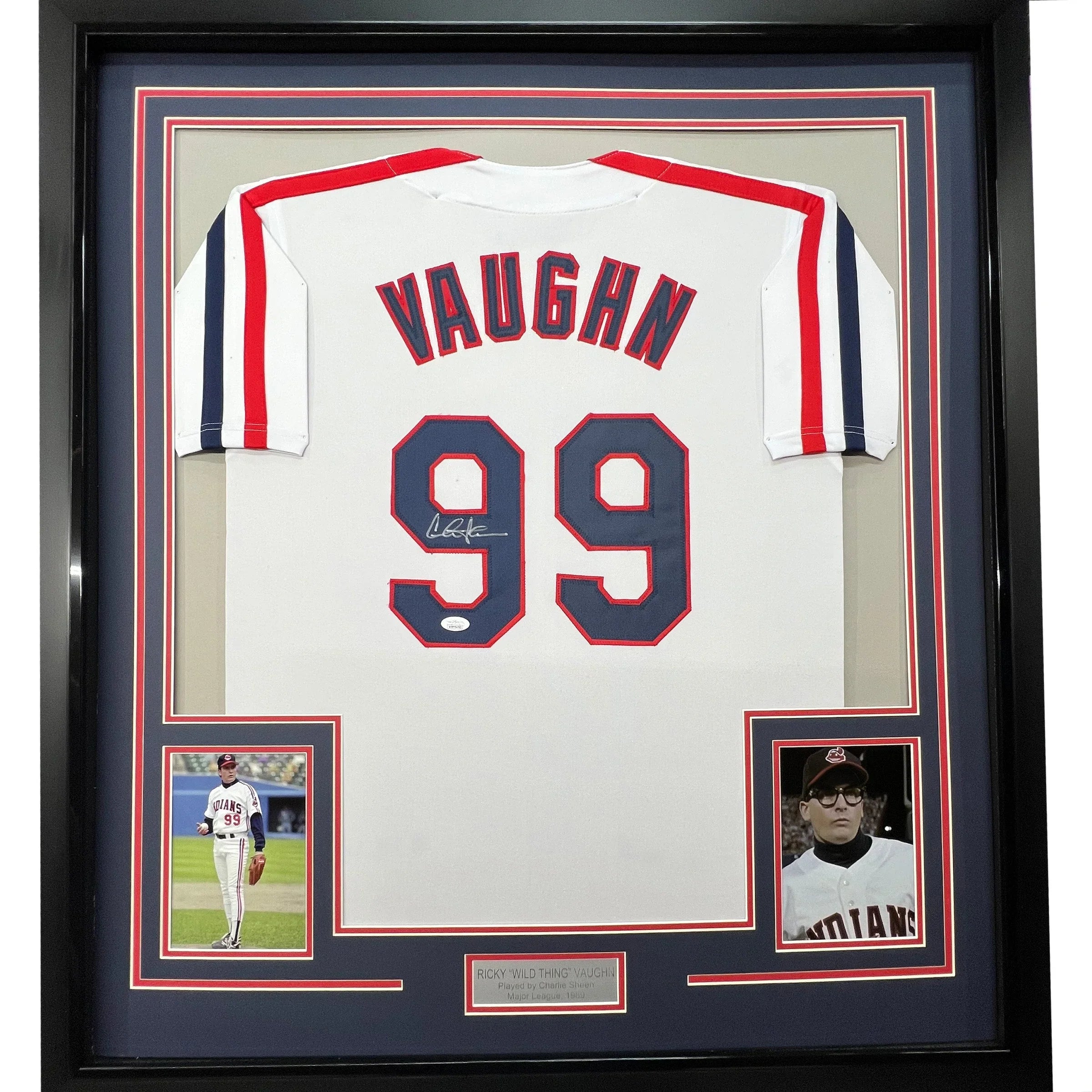 Framed Autographed/Signed Charlie Sheen 35x39 Wild Thing Ricky Vaughn Major League Movie Baseball Jersey JSA COA