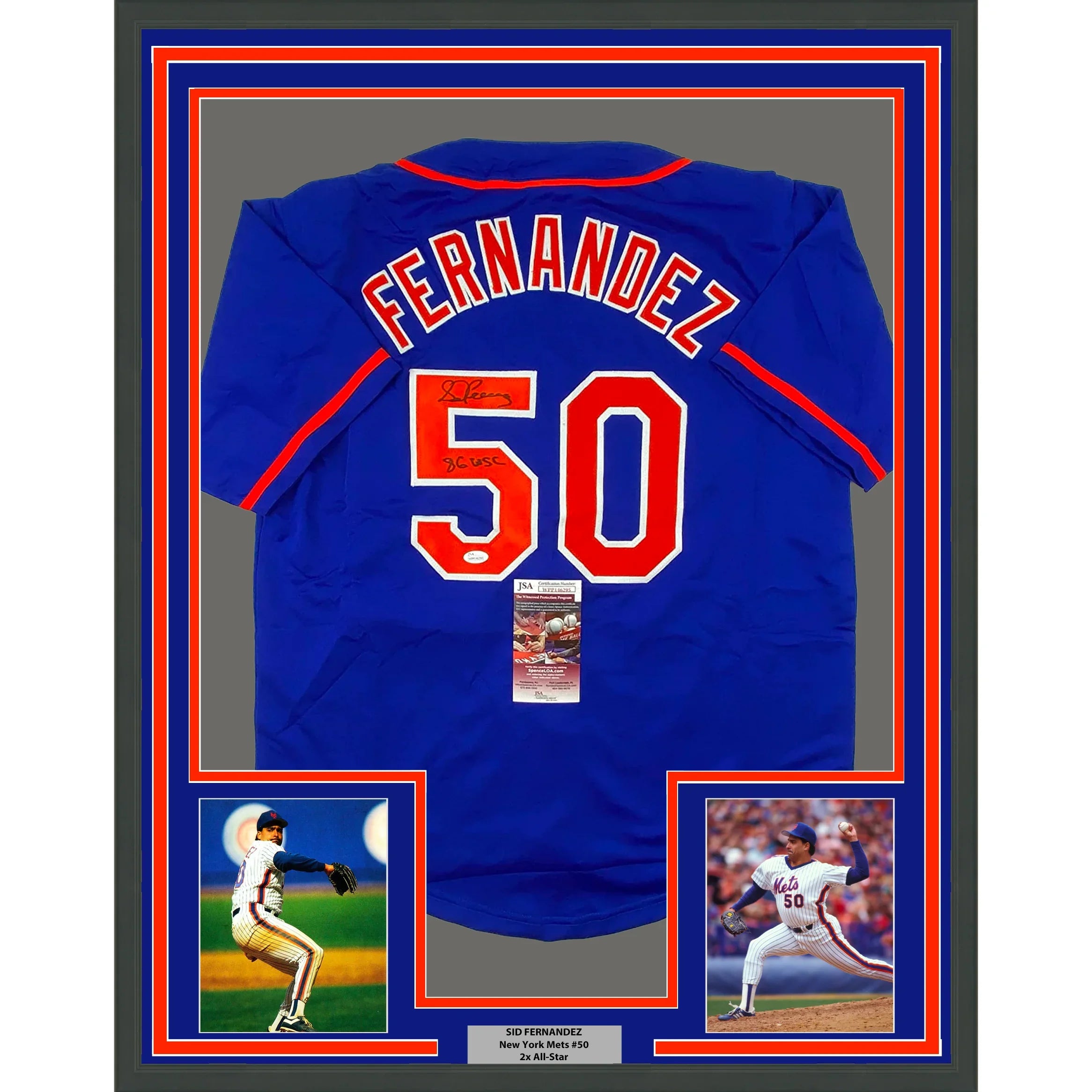 Framed Autographed/Signed Sid Fernandez 35x39 86 WSC New York Blue Baseball Jersey JSA COA