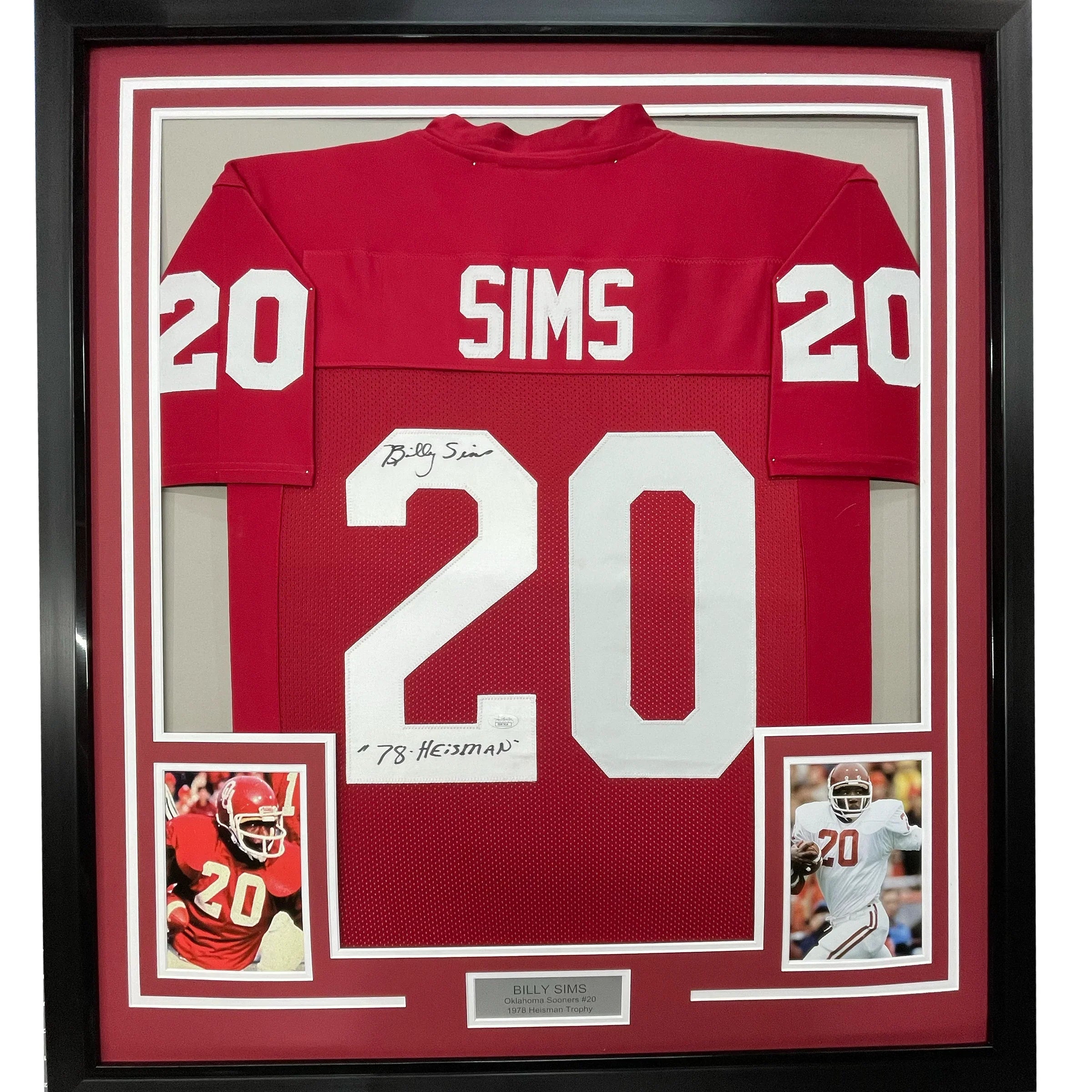 Framed Autographed/Signed Billy Sims 78 Heisman 35x39 Oklahoma Maroon College Football Jersey JSA COA