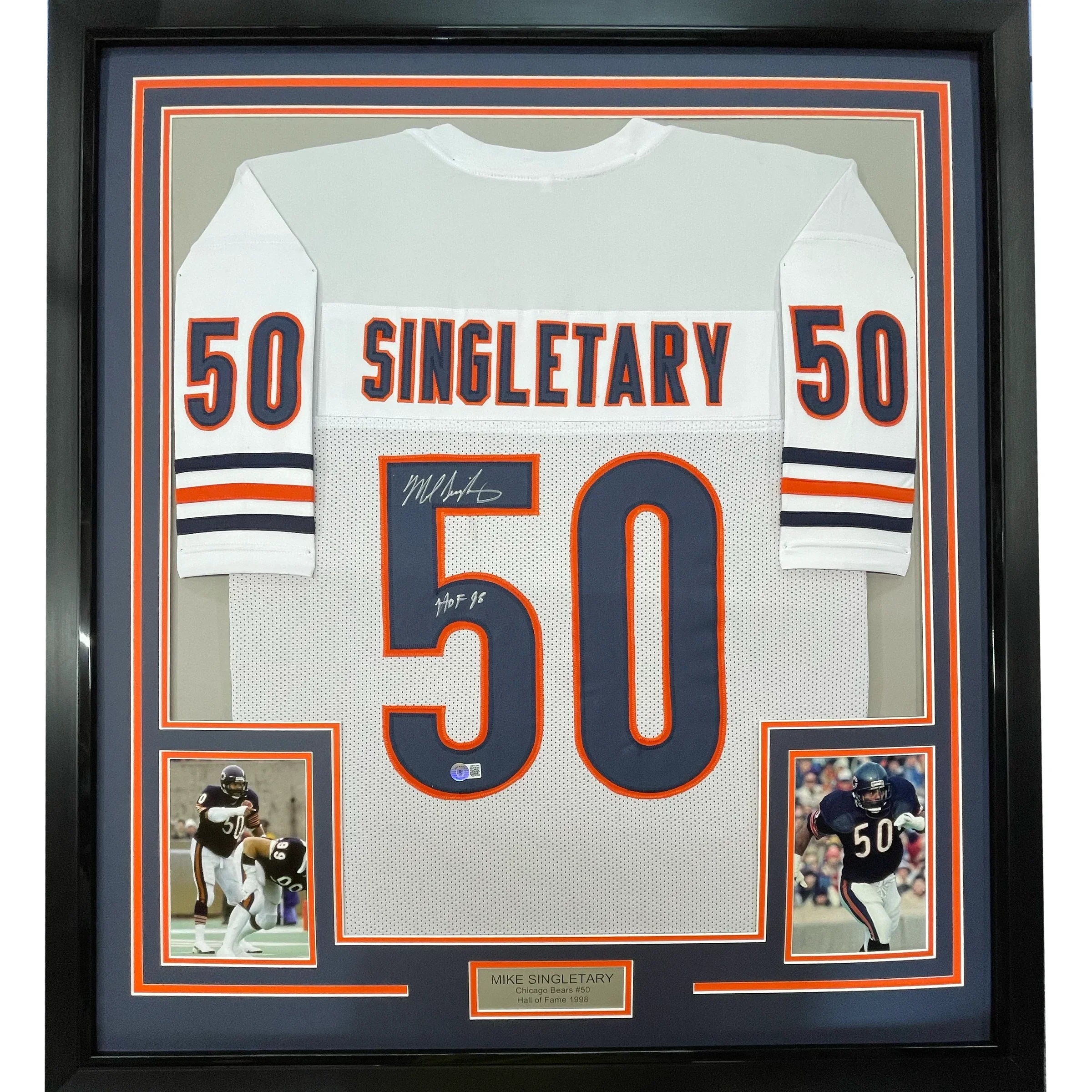 Framed Autographed/Signed Mike Singletary HOF 98 35x39 Chicago White Football Jersey JSA COA