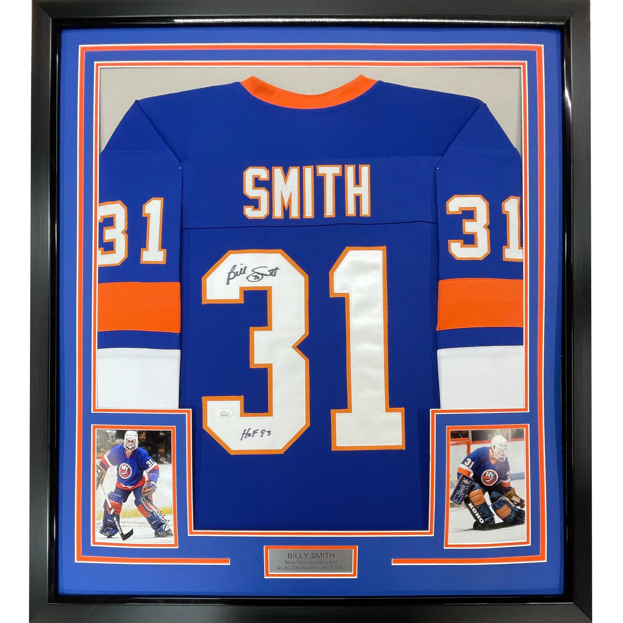 Framed Autographed/Signed Billy Smith 35x39 New York Blue Hockey Jersey JSA COA