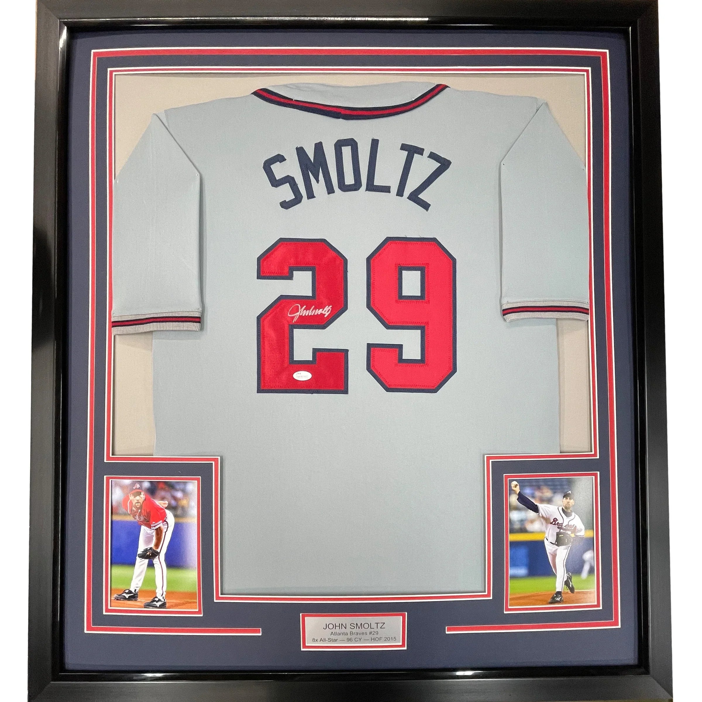 Framed Autographed/Signed John Smoltz 35x39 Atlanta Grey Baseball Jersey JSA COA