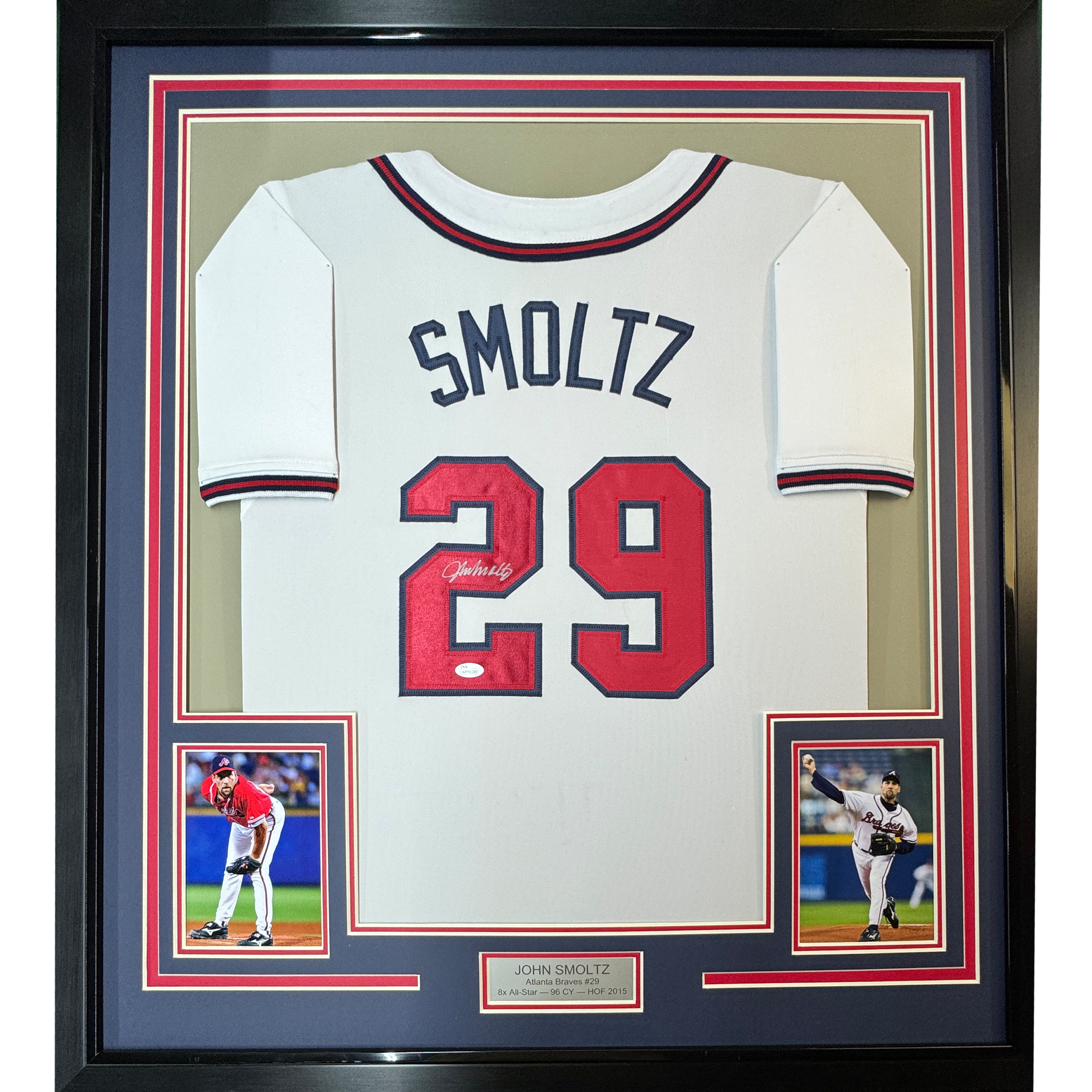 Framed Autographed/Signed John Smoltz 35x39 Atlanta White Baseball Jersey JSA COA