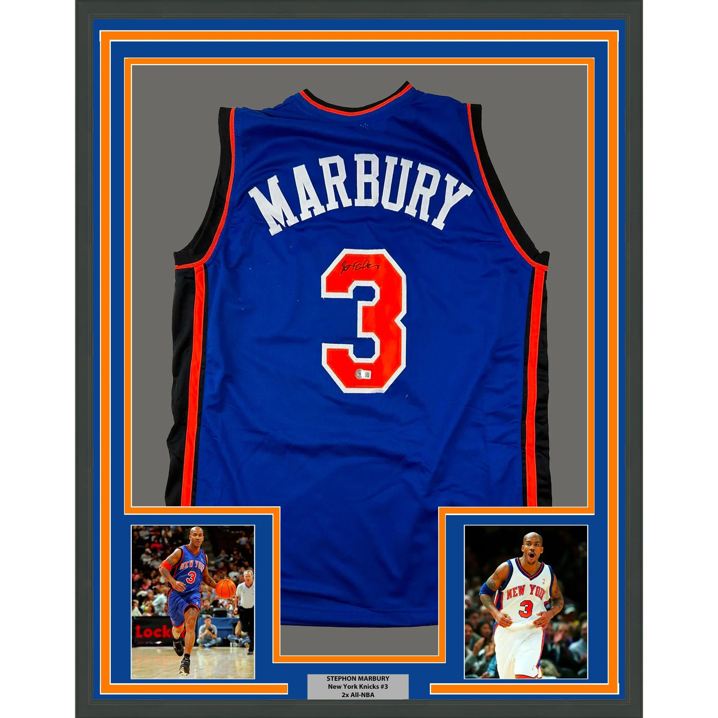 Framed Autographed/Signed Stephon Marbury 35x39 New York Blue Basketball Jersey Beckett BAS COA