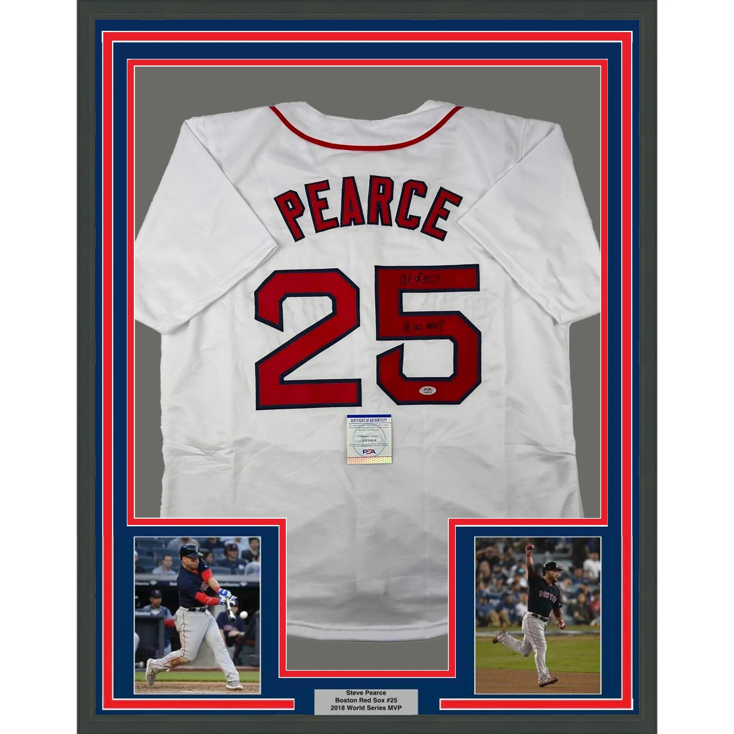 Framed Autographed/Signed Steve Pearce 35x39 18 WS MVP Boston White Baseball Jersey PSA/DNA COA