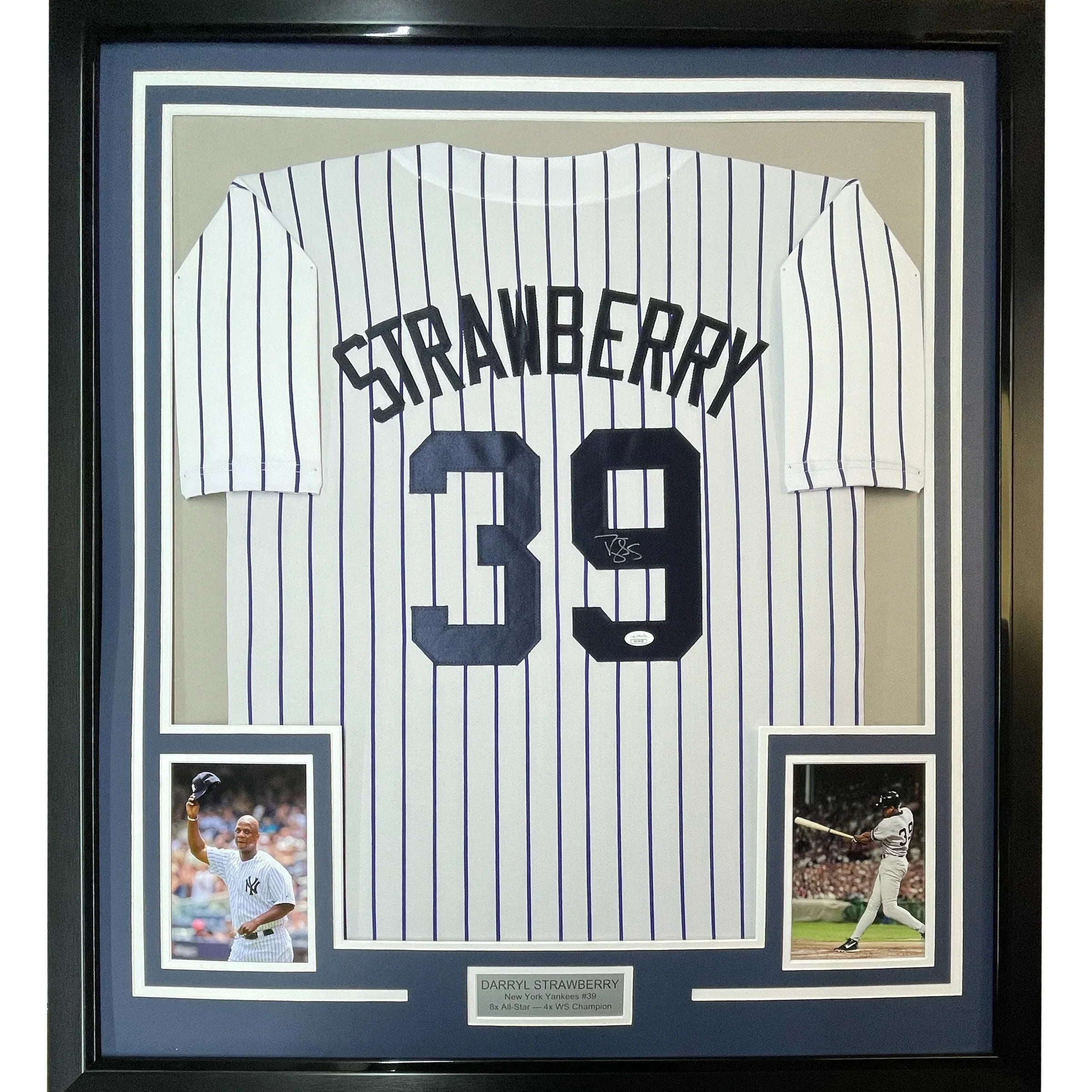 Framed Autographed/Signed Darryl Strawberry 35x39 New York Pinstripe Baseball Jersey JSA COA