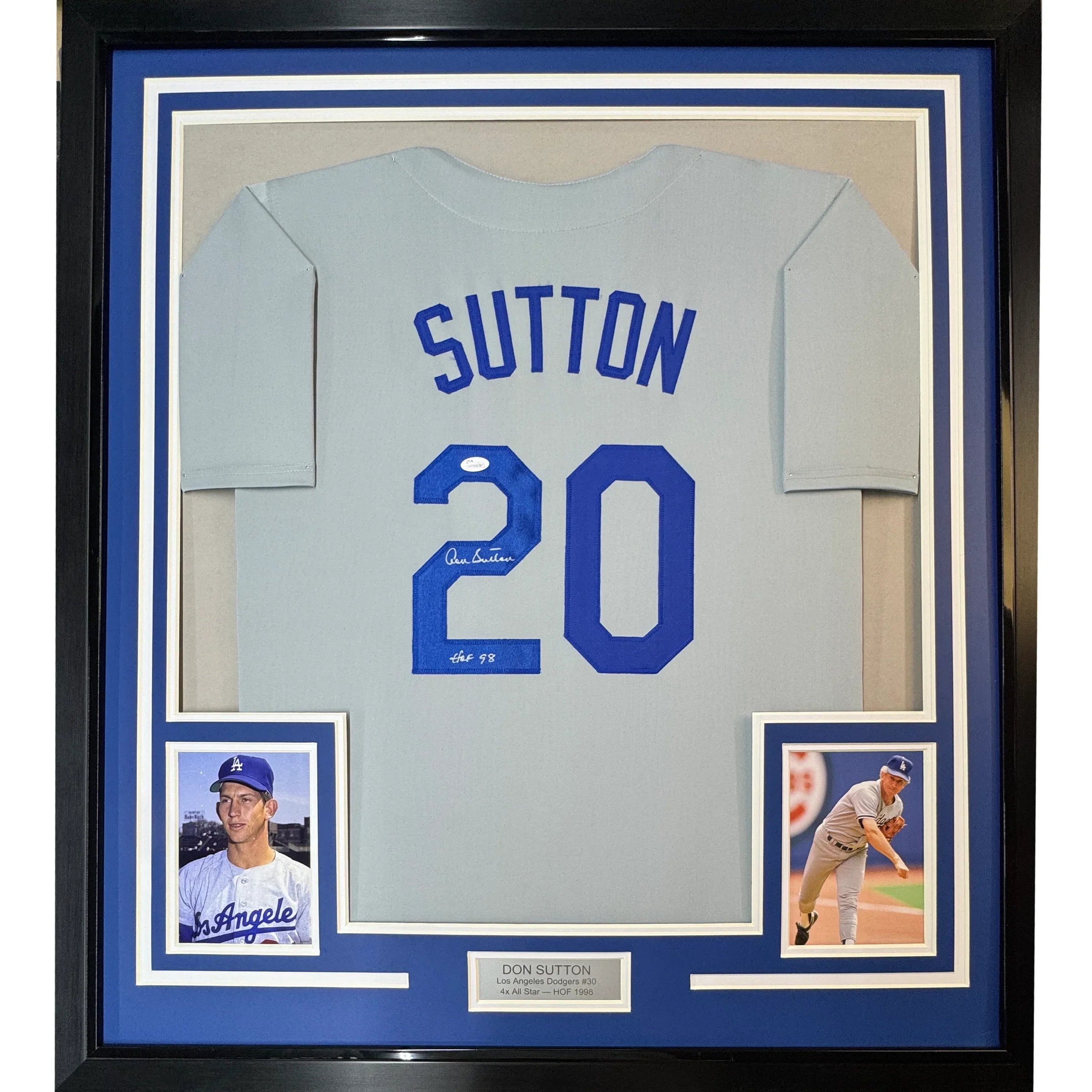Framed Autographed/Signed Don Sutton HOF 98 35x39 Los Angeles LA Grey Baseball Jersey JSA COA