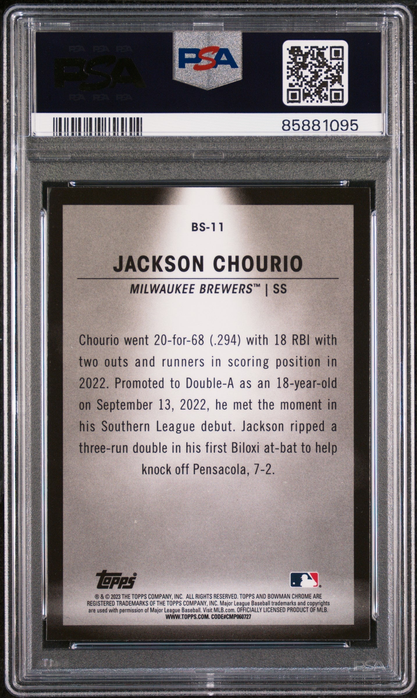 Graded 2023 Topps Bowman Jackson Chourio #BS11 Spotlights Rookie RC Baseball Card PSA 10 Gem Mint