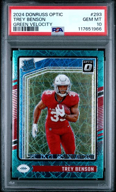 Graded 2024 Panini Donruss Optic Trey Benson #293 Green Velocity Rookie RC Football Card PSA 10 Gem Mint