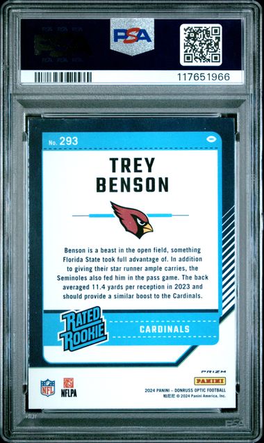 Graded 2024 Panini Donruss Optic Trey Benson #293 Green Velocity Rookie RC Football Card PSA 10 Gem Mint