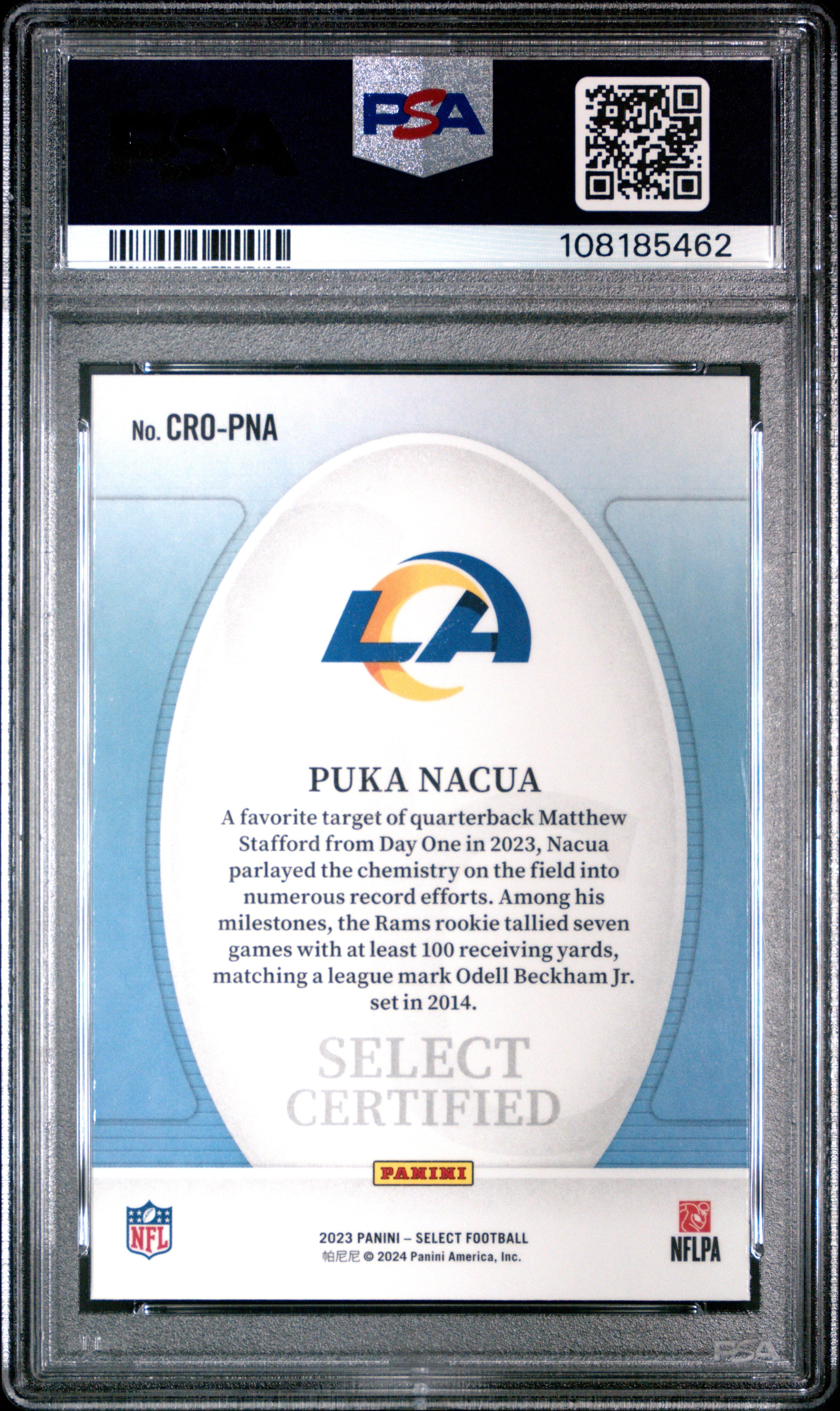 Graded 2023 Panini Select Puka Nacua #CROPNA Certified Rookies Rookie RC Football Card PSA 10 Gem Mint