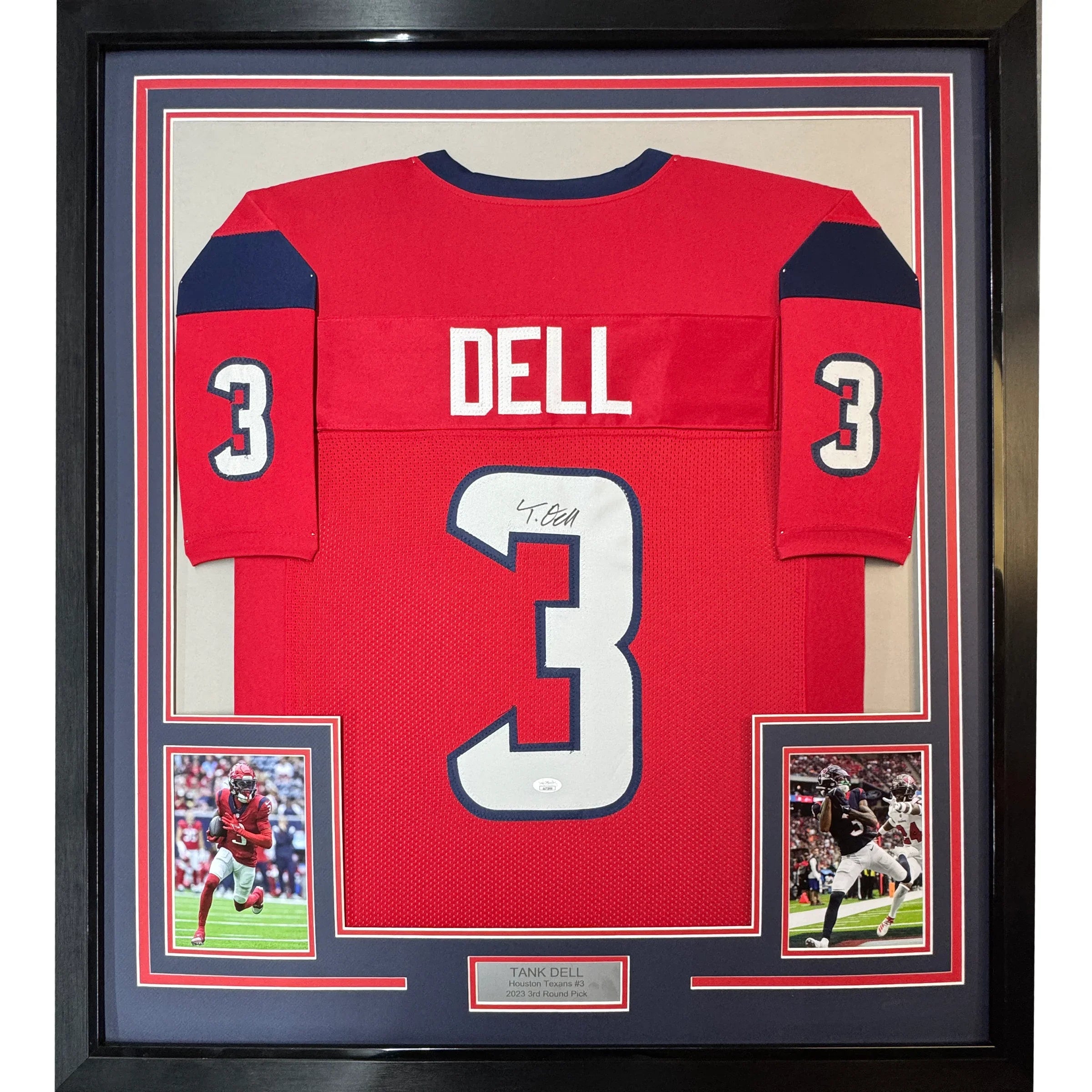 Framed Autographed/Signed Tank Dell 35x39 Houston Red Football Jersey Beckett BAS COA
