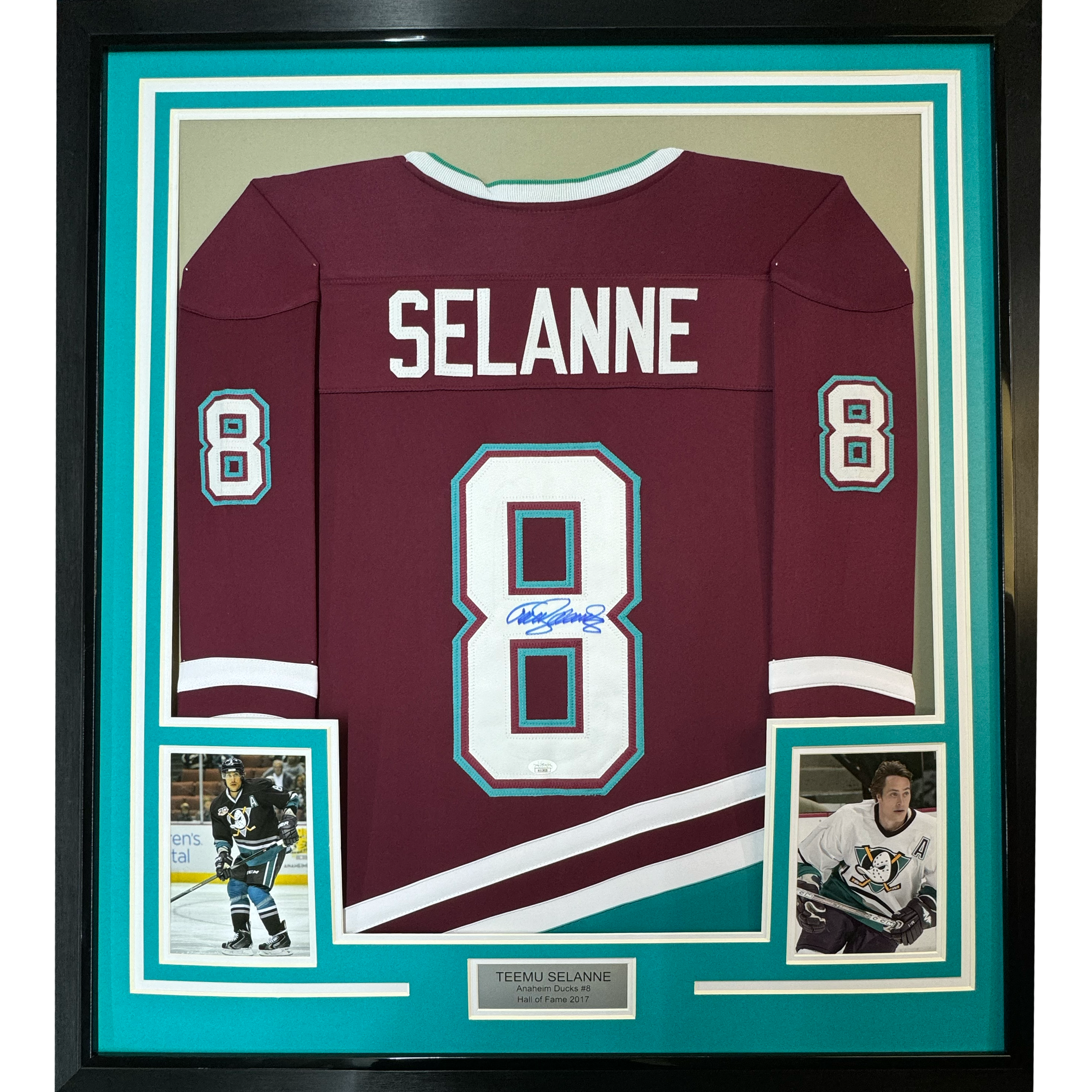 Framed Autographed/Signed Teemu Selanne 35x39 Anaheim Maroon Retro Hockey Jersey JSA COA