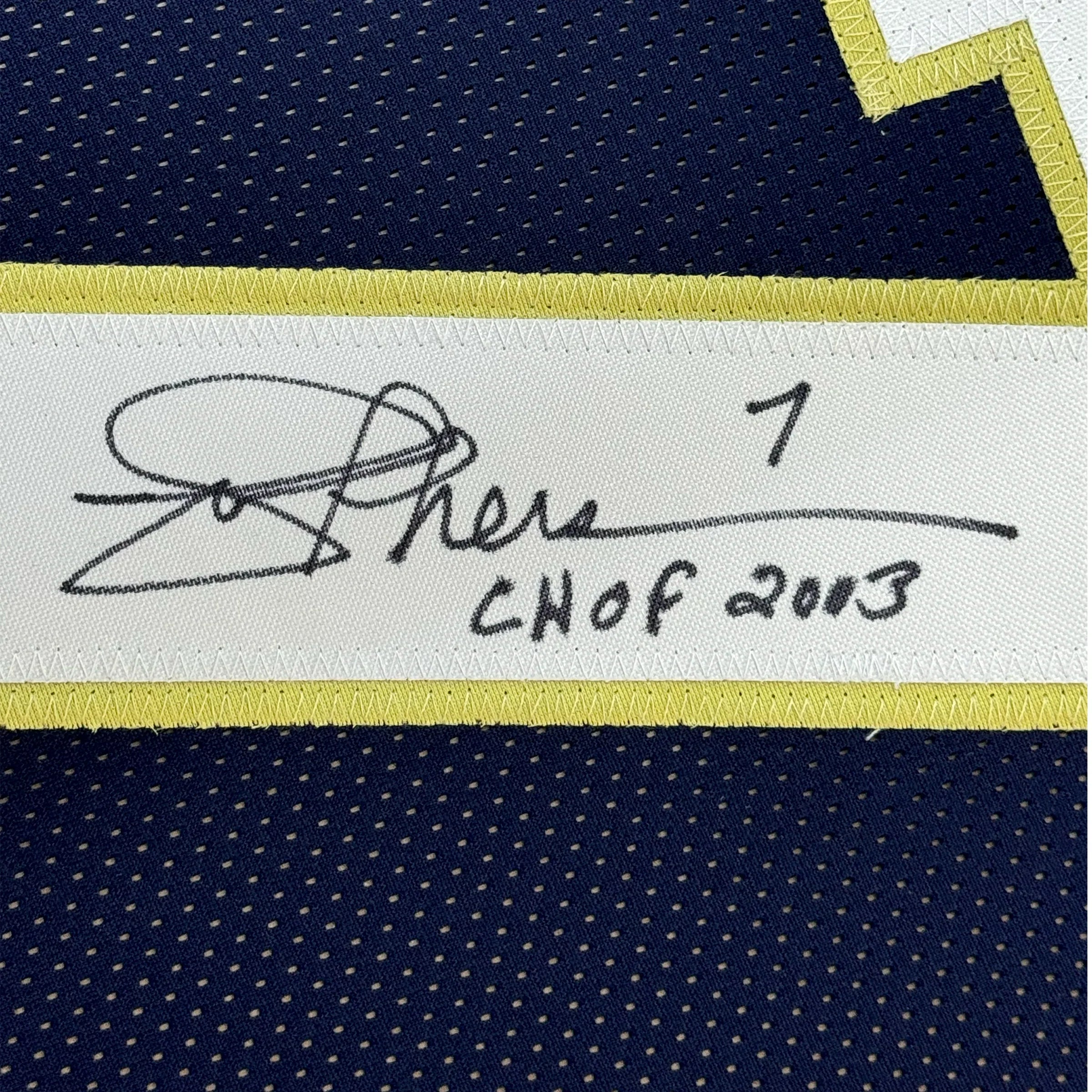 Framed Autographed/Signed Joe Theismann 35x39 CHOF 2003 Notre Dame Blue College Football Jersey JSA COA