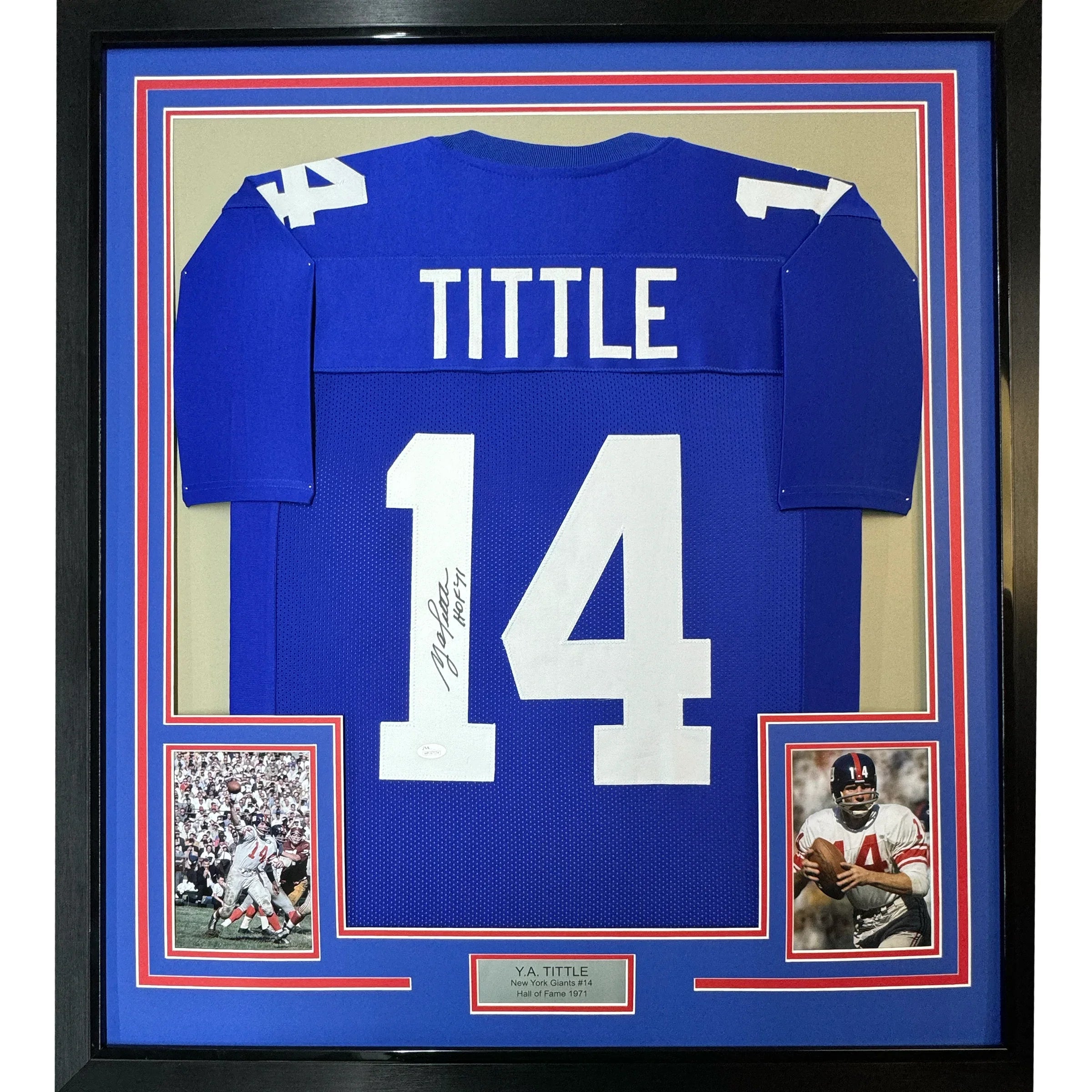 Framed Autographed/Signed YA Y.A. Tittle HOF 71 35x39 New York Blue Football Jersey JSA COA