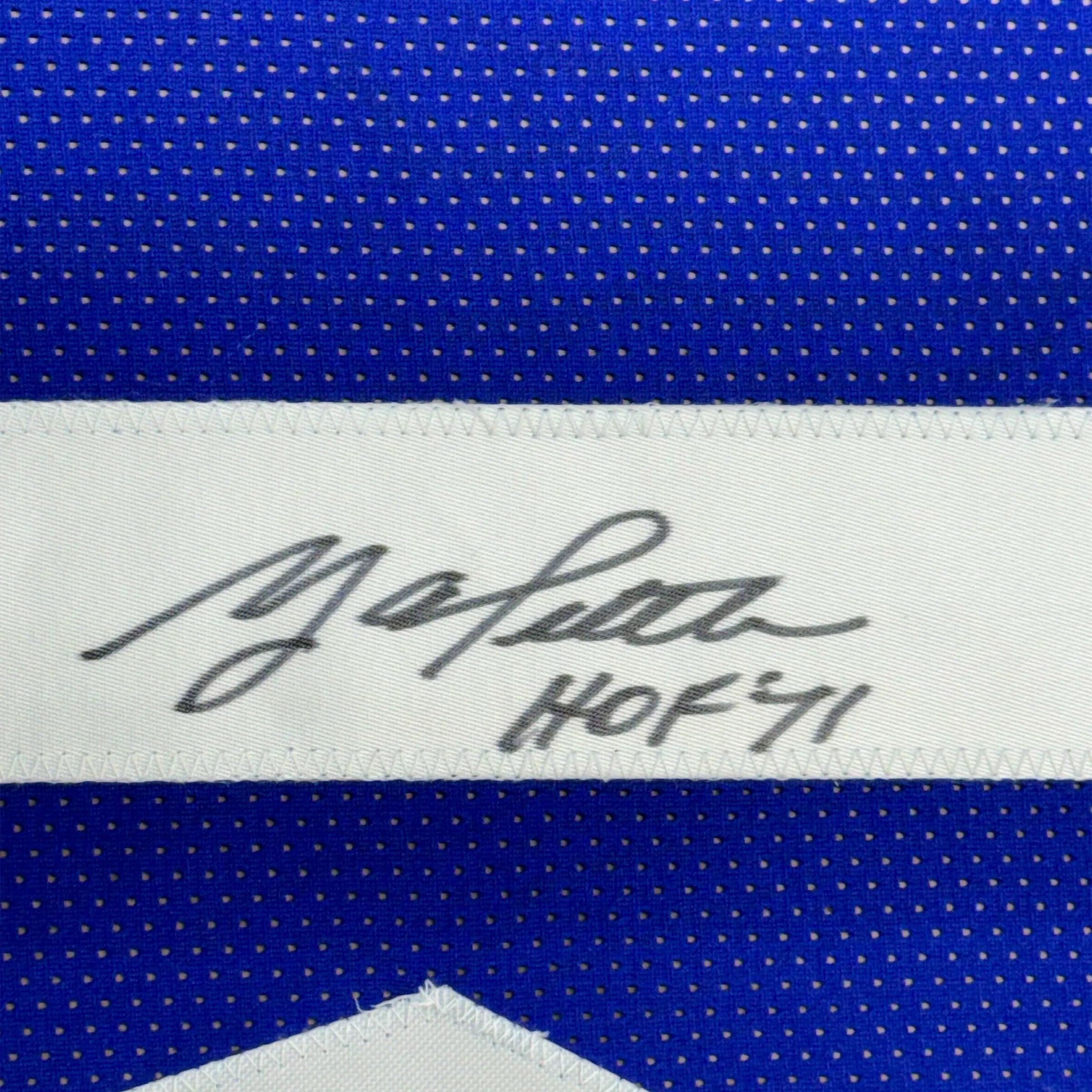 Framed Autographed/Signed YA Y.A. Tittle HOF 71 35x39 New York Blue Football Jersey JSA COA