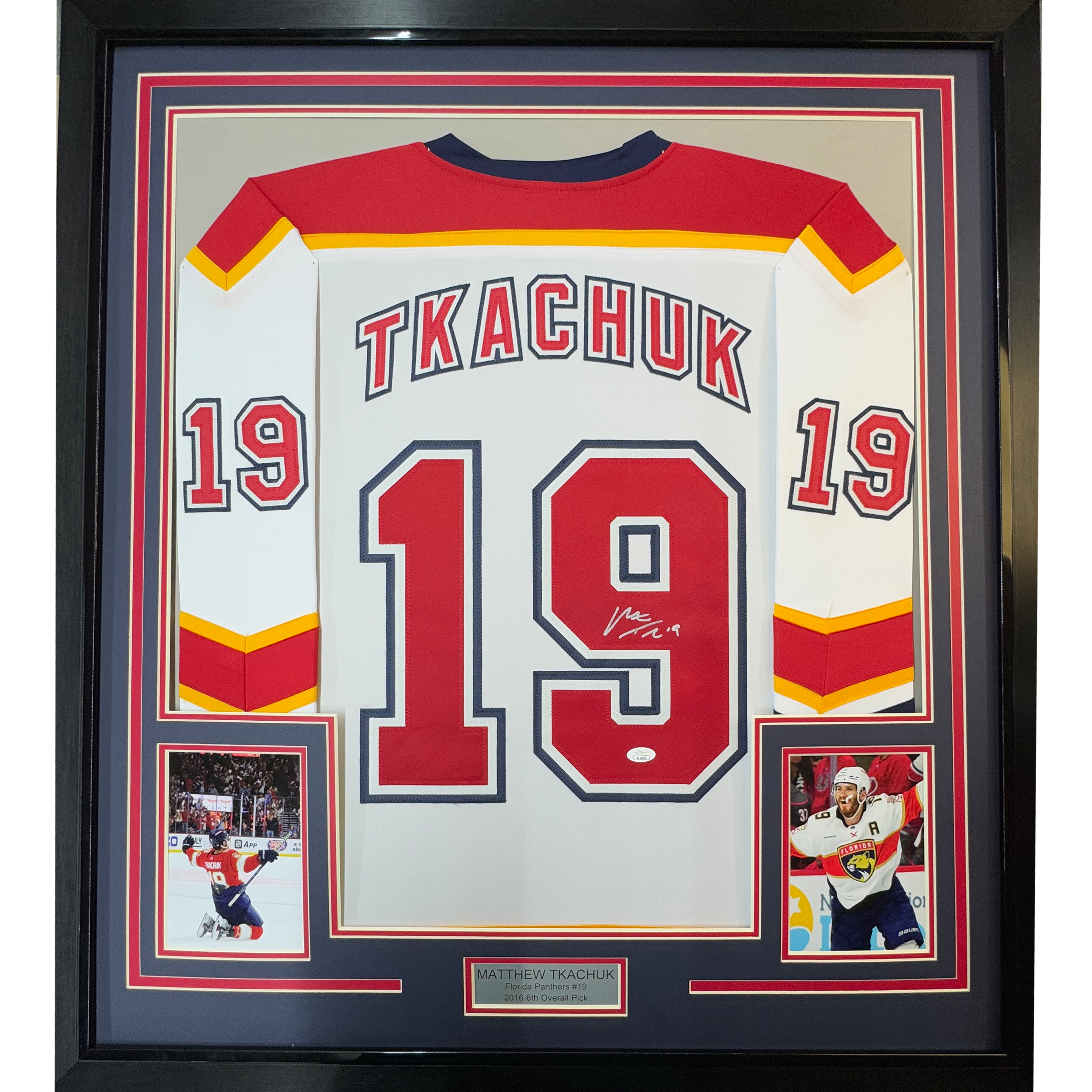 Framed Autographed/Signed Matthew Tkachuk 35x39 Florida White Retro Hockey Jersey JSA COA