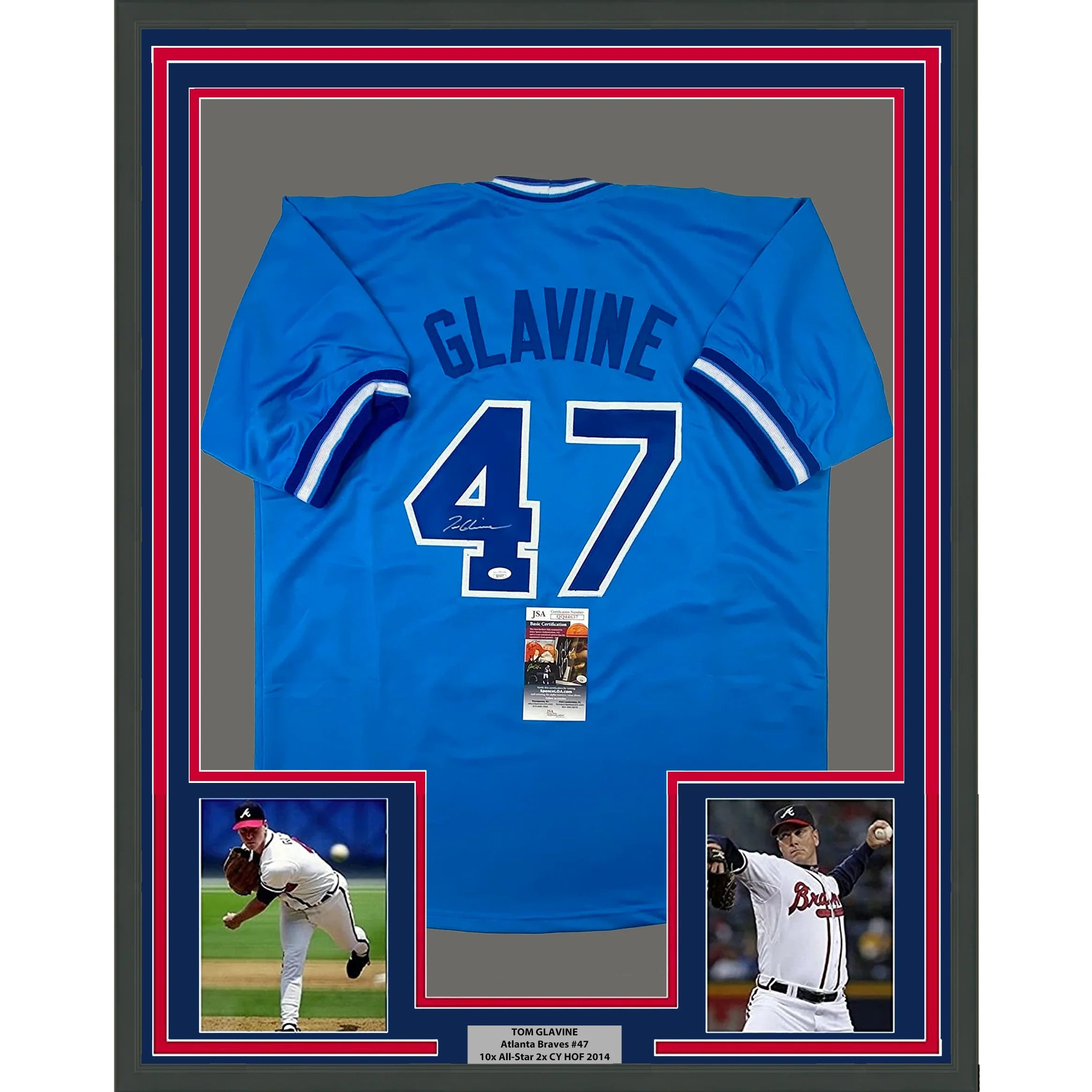 Framed Autographed/Signed Tom Glavine 35x39 Atlanta Light Blue Baseball Jersey JSA COA