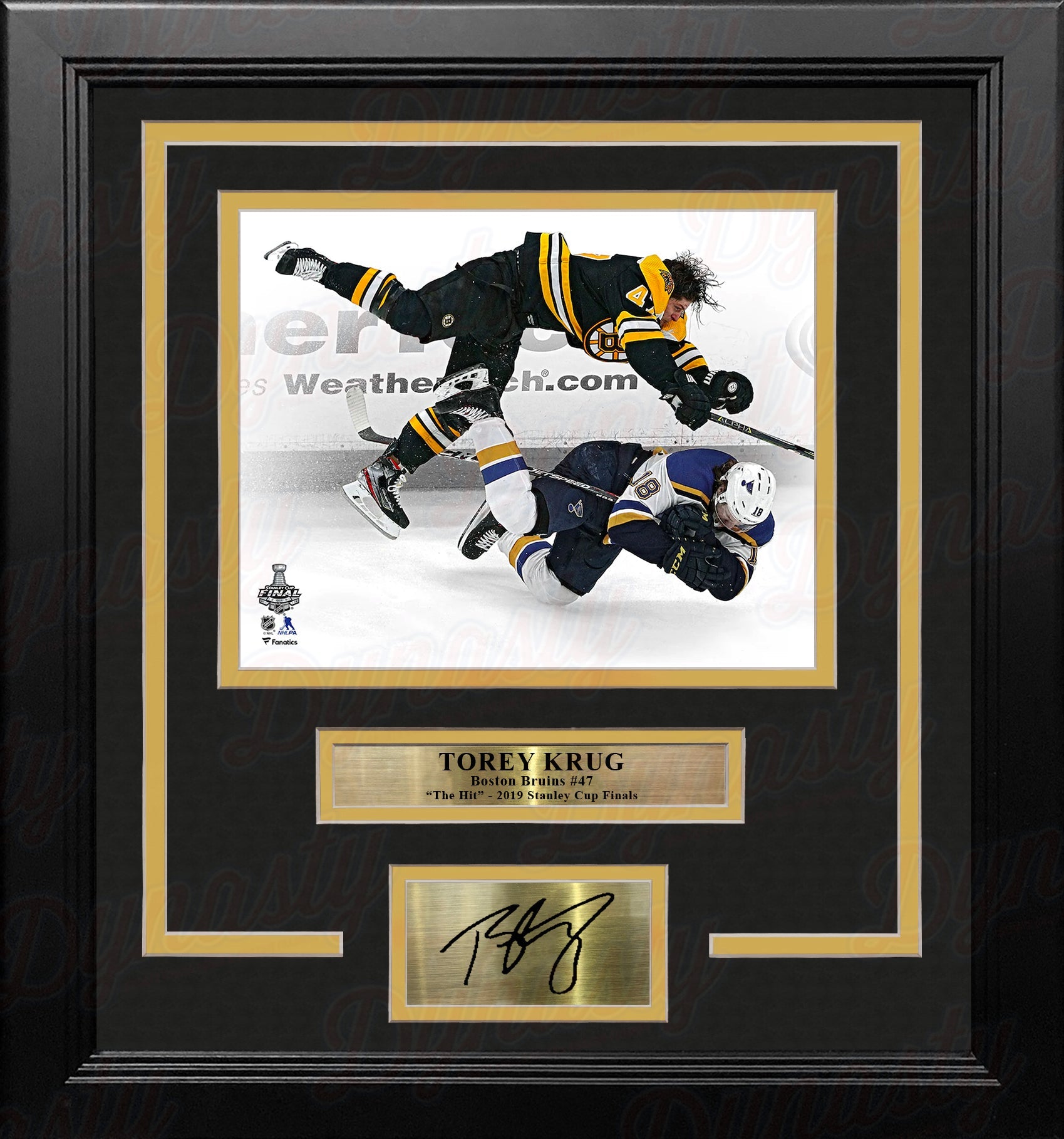Torey Krug Boston Bruins 2019 Stanley Cup Finals Hit 8x10 Framed Photo with Engraved Autograph