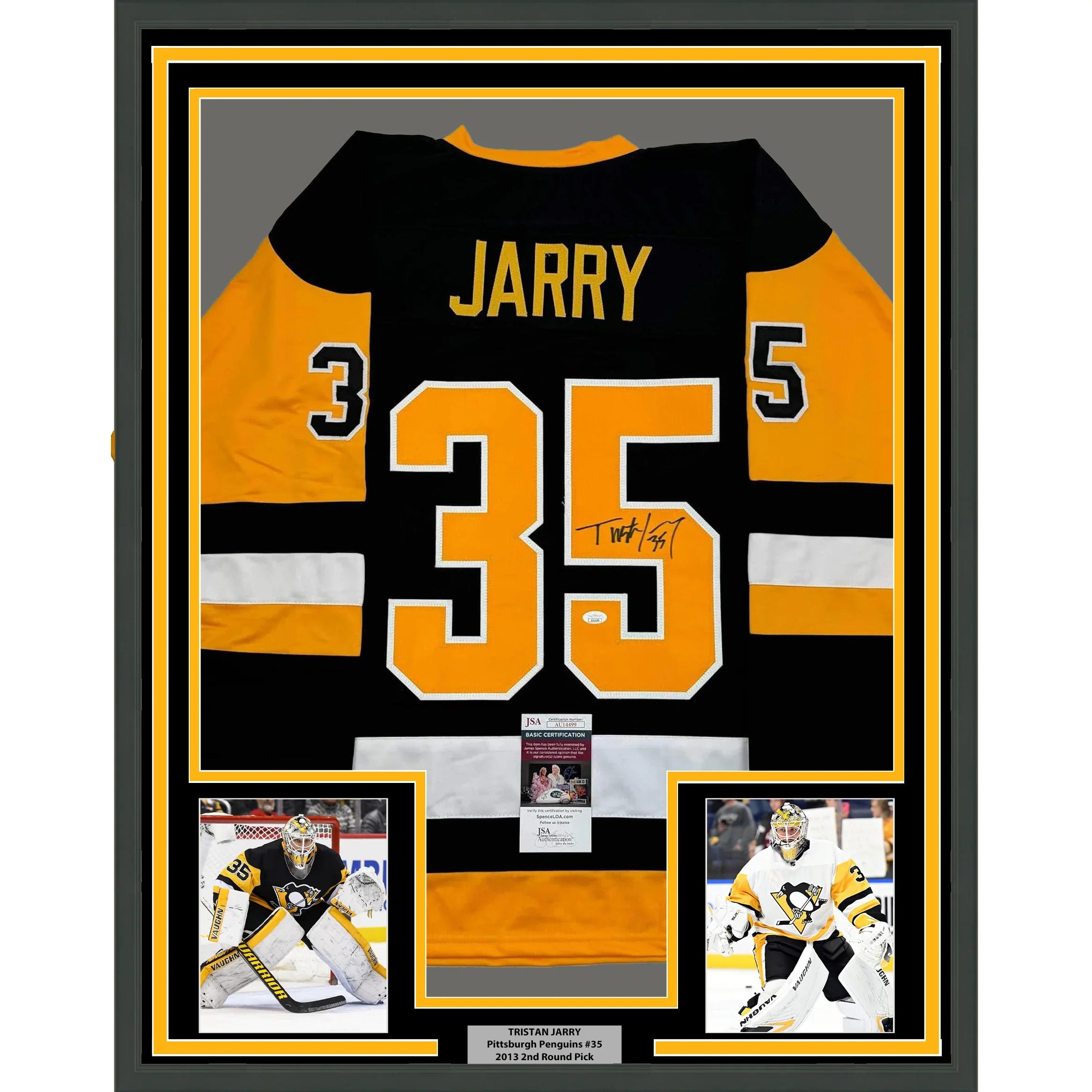 Framed Autographed/Signed Tristan Jarry 35x39 Pittsburgh Black Hockey Jersey JSA COA