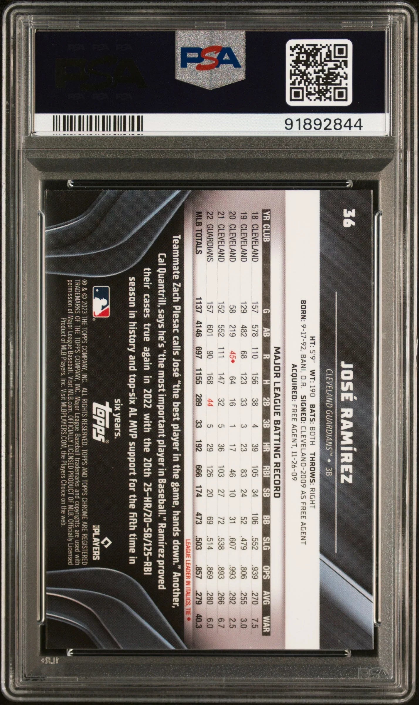 Graded 2023 Topps Chrome Black Jose Ramirez #36 Baseball Card PSA 10 Gem Mint