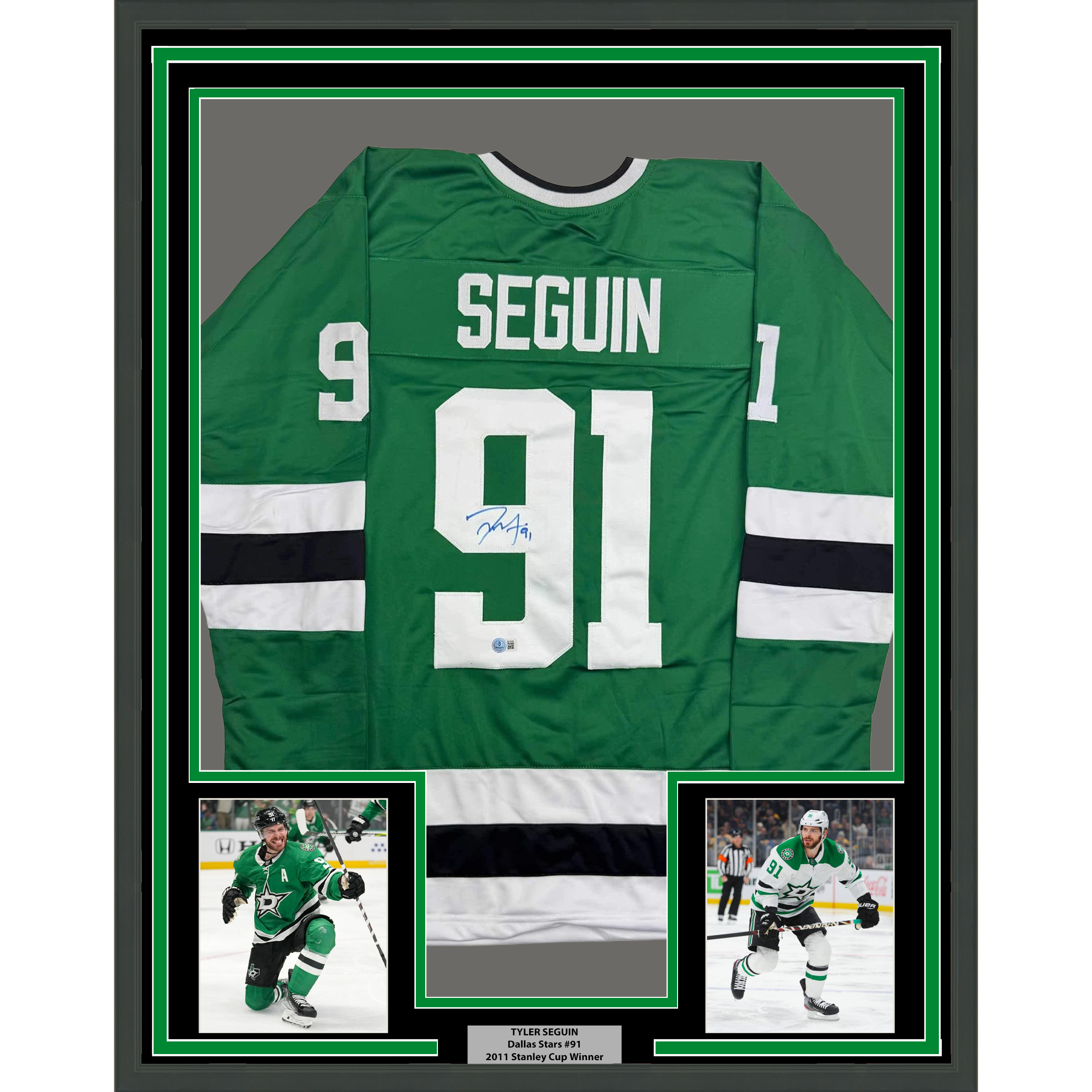 Framed Autographed/Signed Tyler Seguin 35x39 Dallas Green Hockey Jersey Beckett BAS COA