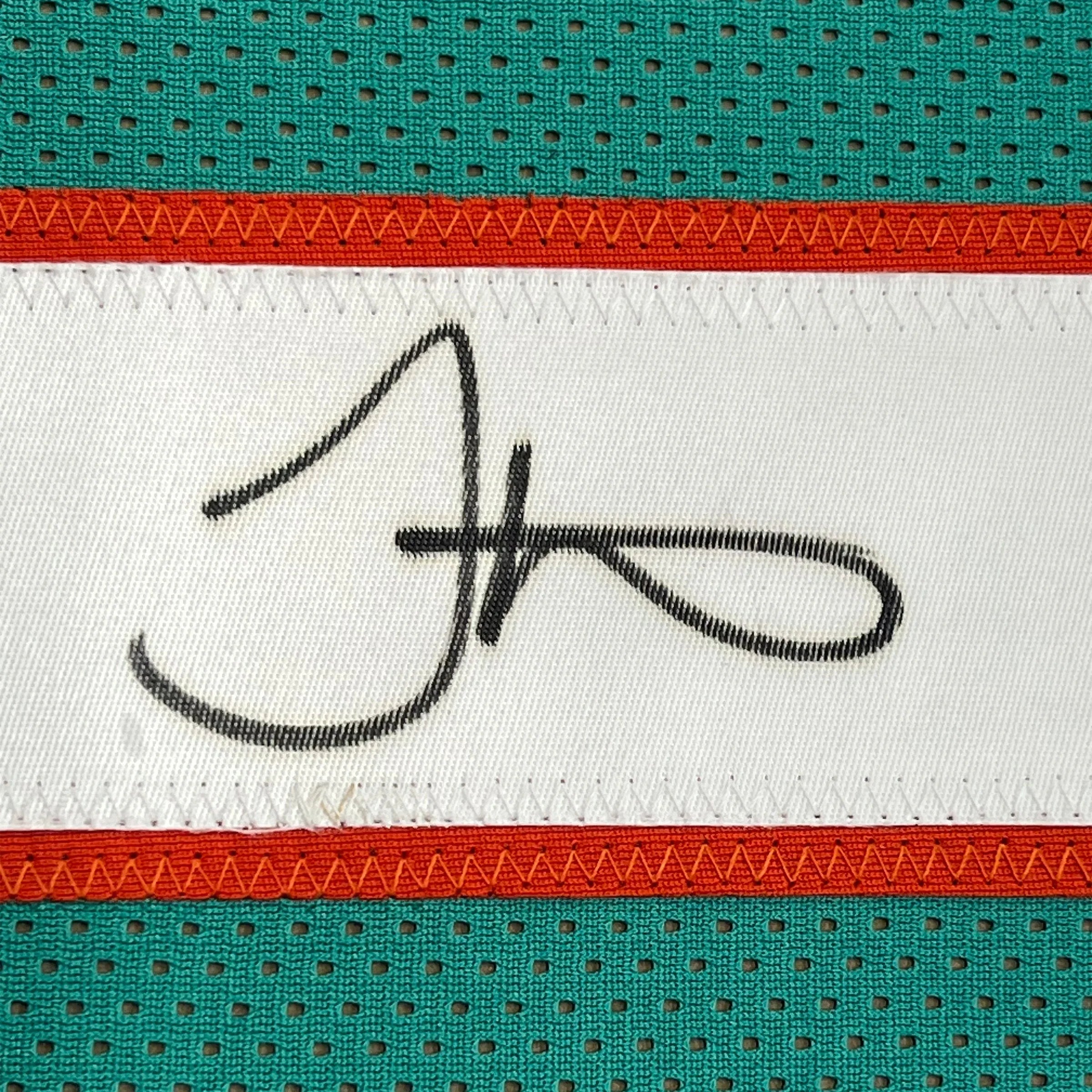 Framed Autographed/Signed Tyreek Hill 35x39 Miami Retro Teal Football Jersey JSA COA