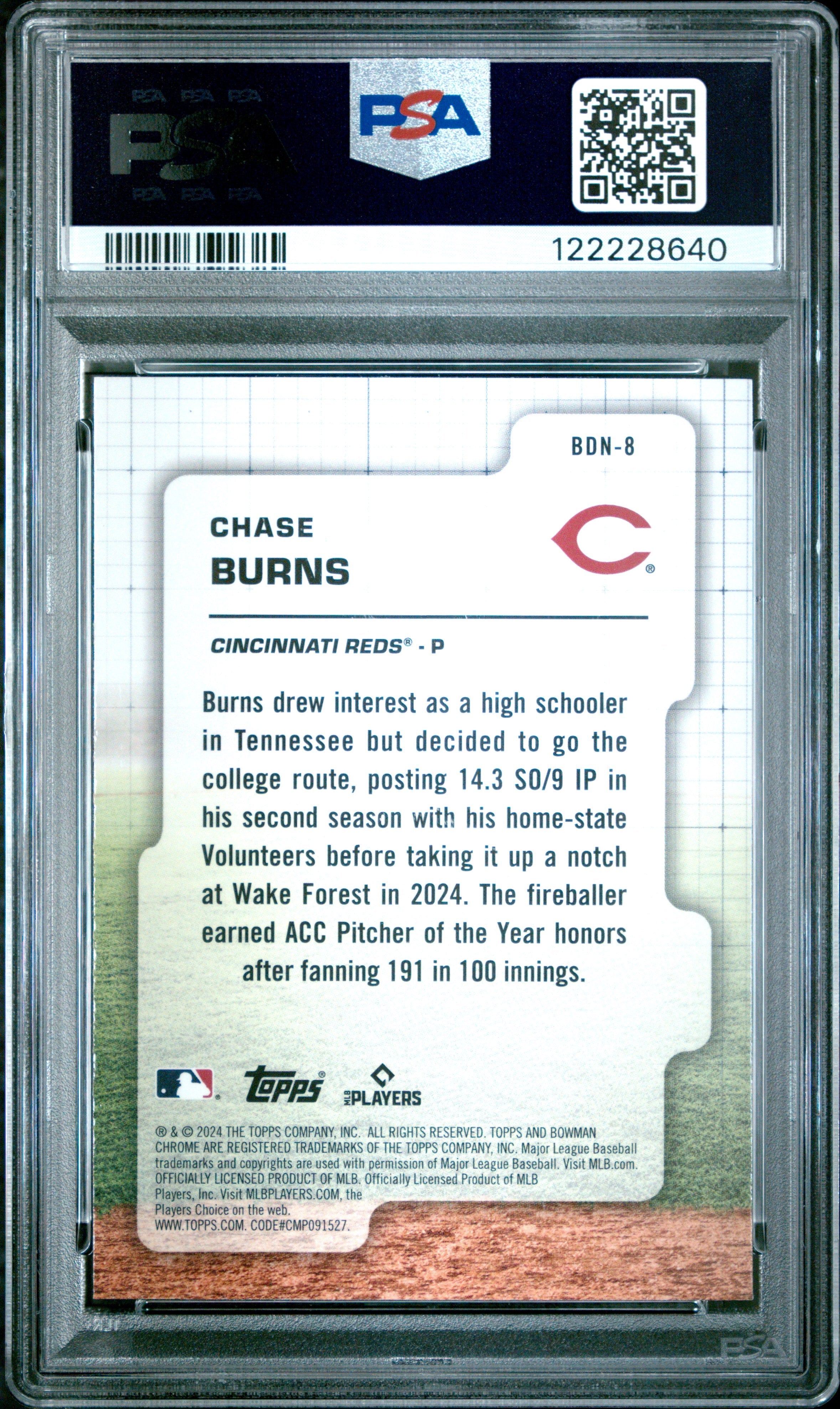 Graded 2024 Topps Bowman Draft Chase Burns #BDN8 Draft Night Rookie RC Baseball Card PSA 9 Mint