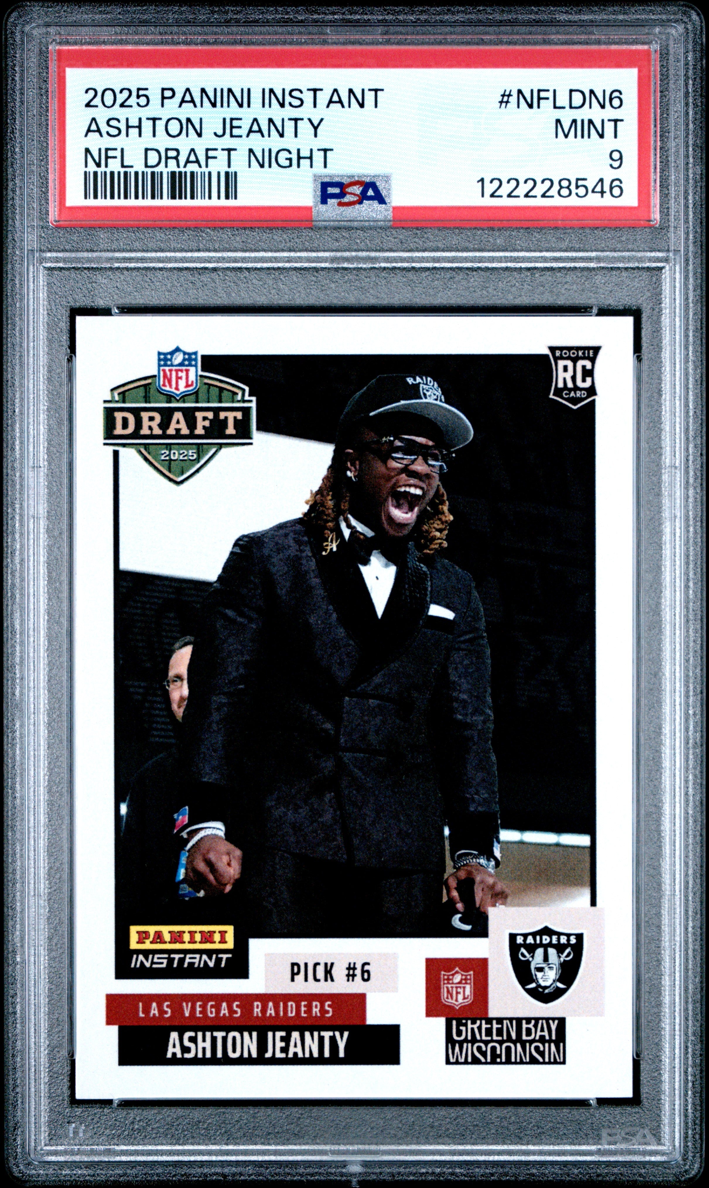 Graded 2025 Panini Instant Ashton Jeanty #NFLDN6 NFL Draft Night Rookie RC Football Card PSA 9 Mint
