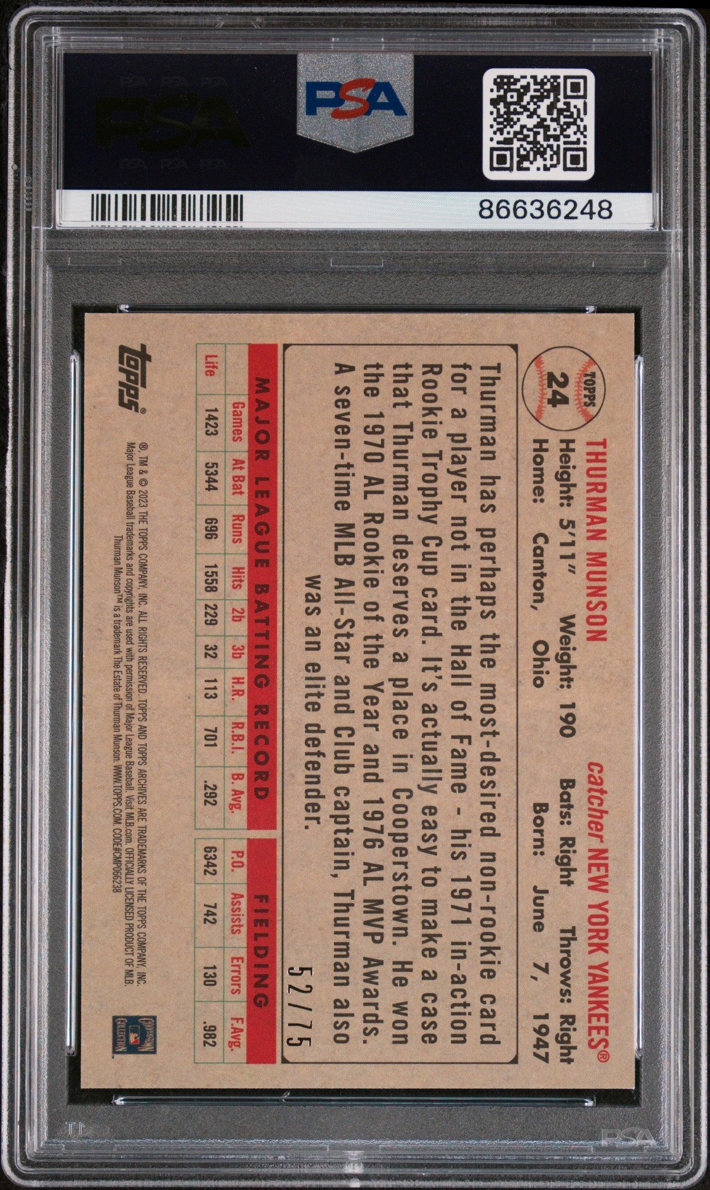 2023 TOPPS ARCHIVES THURMAN MUNSON AQUA SPARKLE FOIL #24 - PSA 10