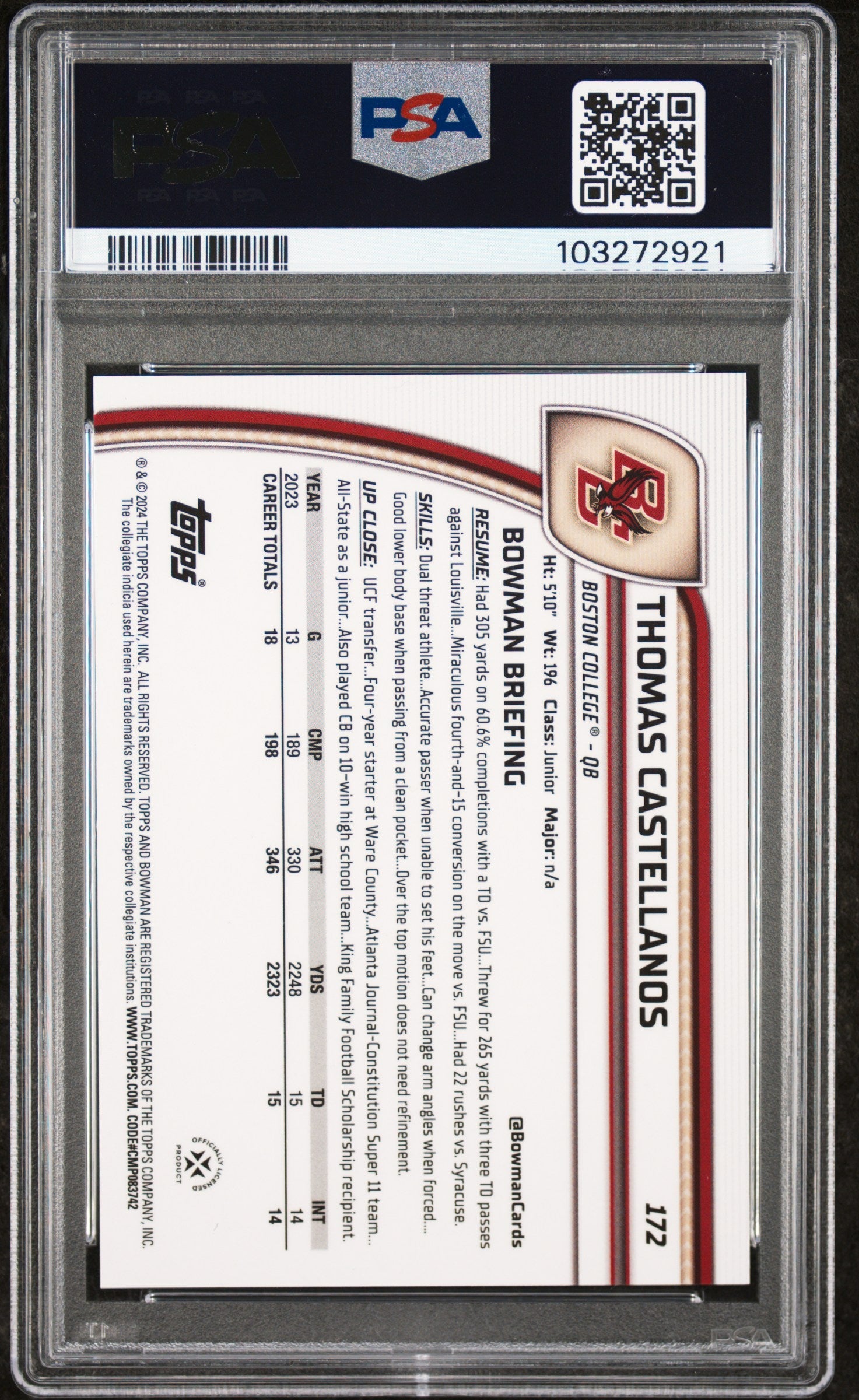 Graded 2024 Topps Bowman U Sapphire Thomas Castellanos #172 Orange Refractor /25 Rookie RC Football Card PSA 10 Gem Mint