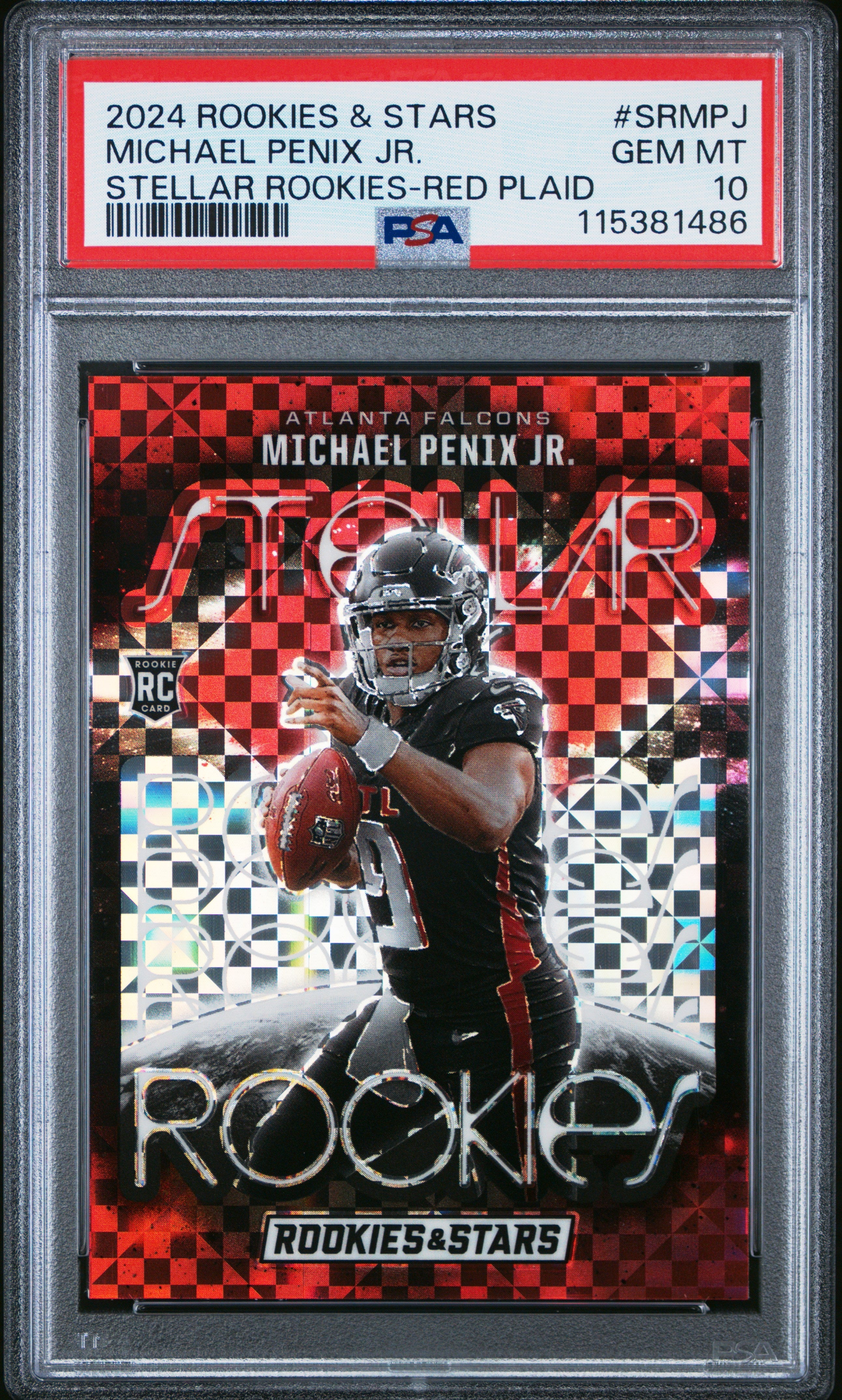 Graded 2024 Panini Rookies & Stars Michael Penix Jr #SRMPJ Stellar Rookies Red Plaid Rookie RC Football Card PSA 10 Gem Mint