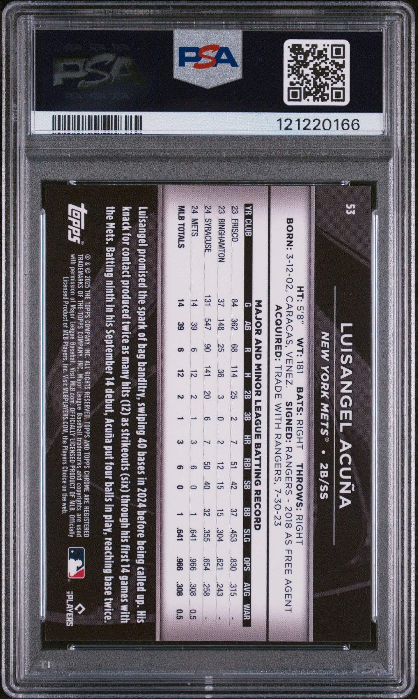 Graded 2025 Topps Chrome Black Luisangel Acuna #53 Gold Mini Diamond /50 Rookie RC Baseball Card PSA 10 Gem Mint
