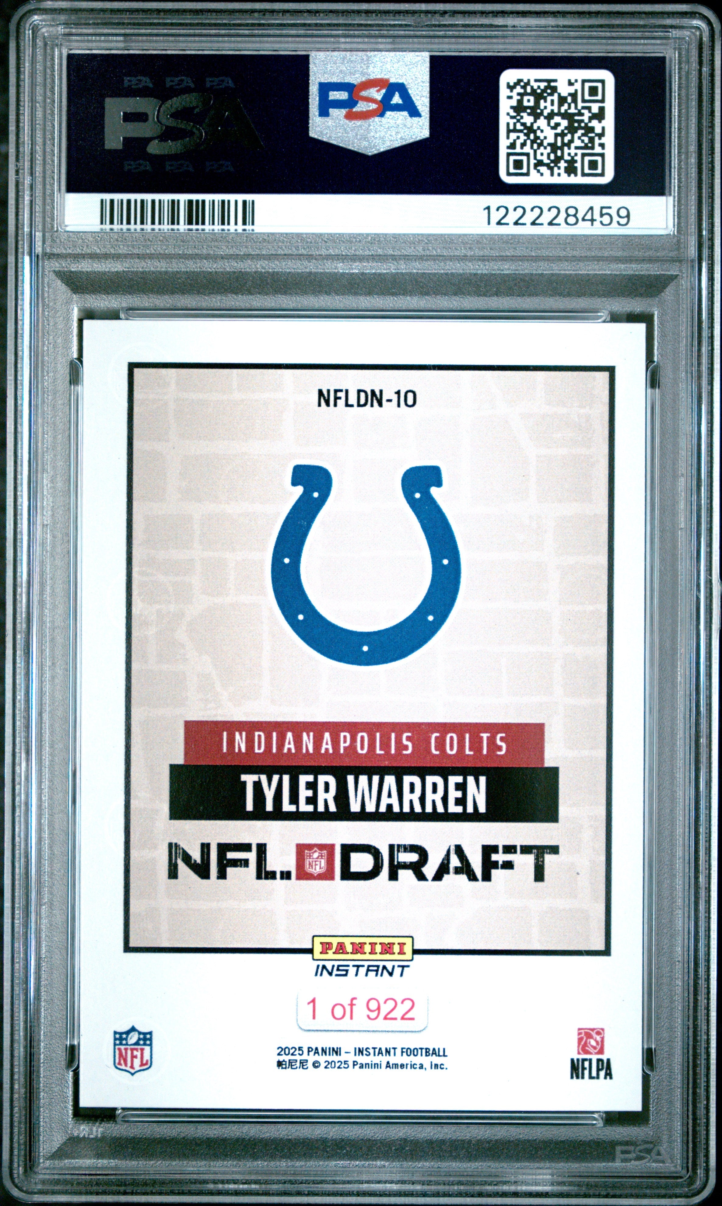 Graded 2025 Panini Instant Tyler Warren #NFLDN10 NFL Draft Night Rookie RC Football Card PSA 10 Gem Mint
