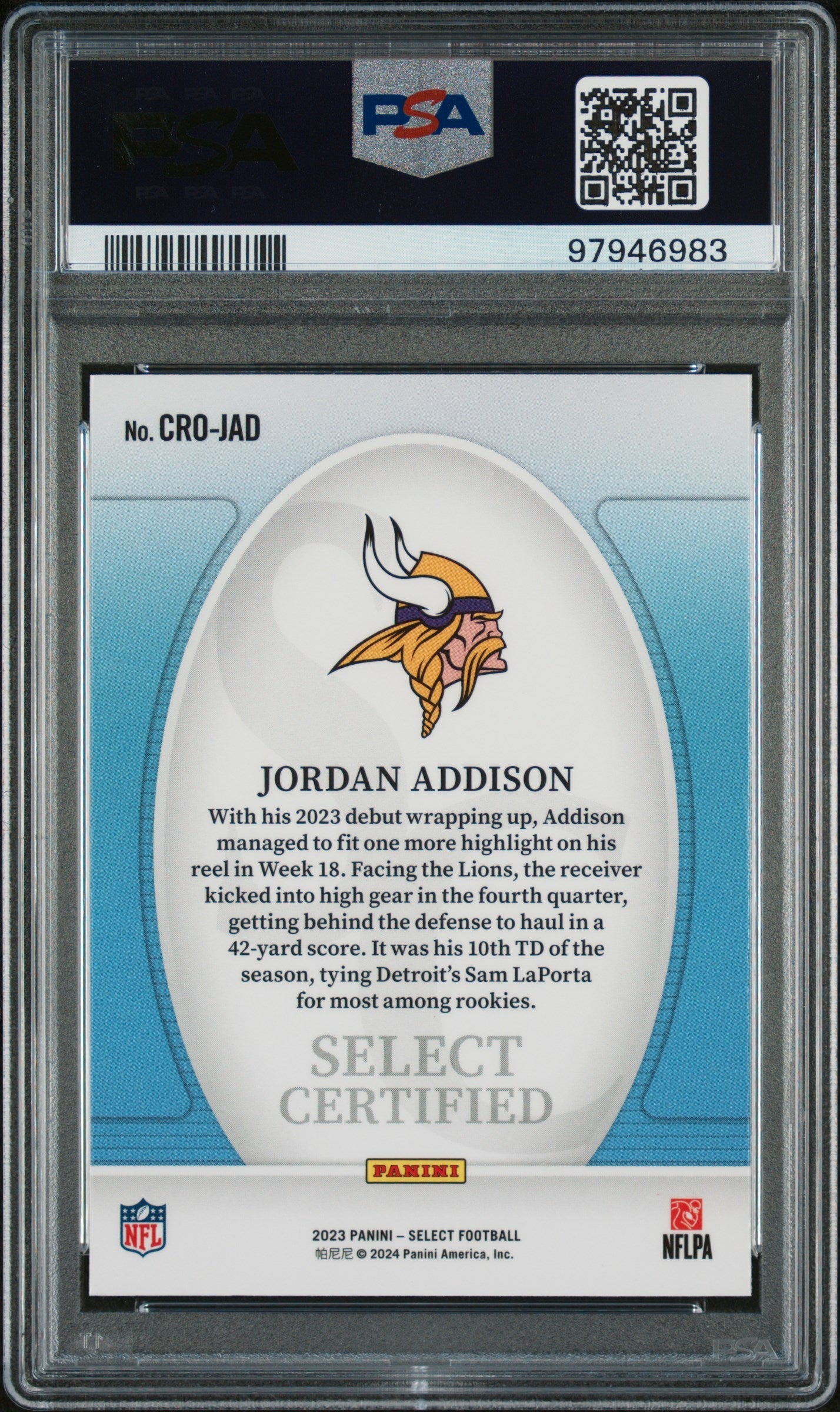 Graded 2023 Panini Select Jordan Addison #CROJAD Certified Rookies Rookie RC Football Card PSA 10 Gem Mint