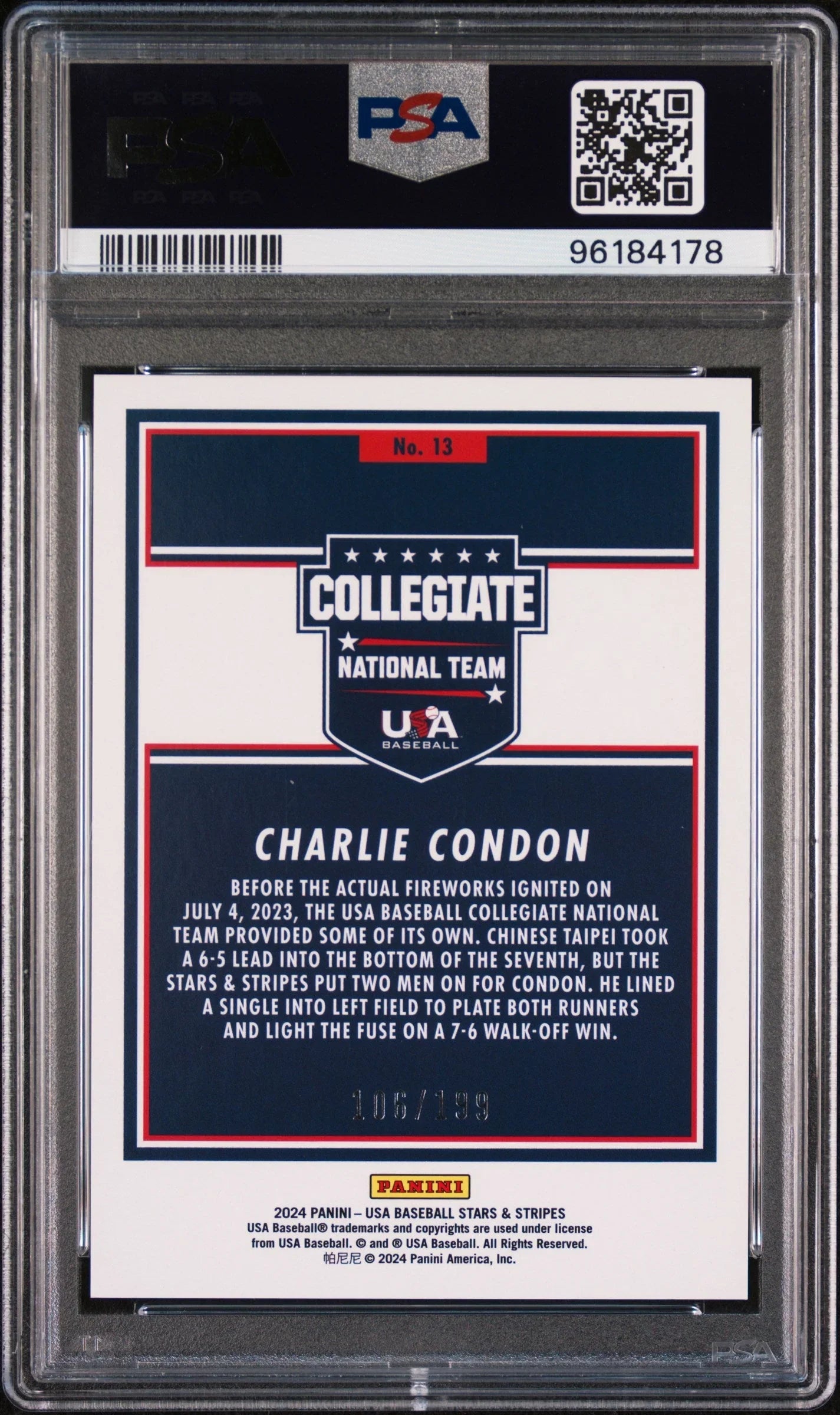 Graded 2024 Panini Stars & Stripes USA Charlie Condon #13 #/199 Rookie RC Baseball Card PSA 10 Gem Mint