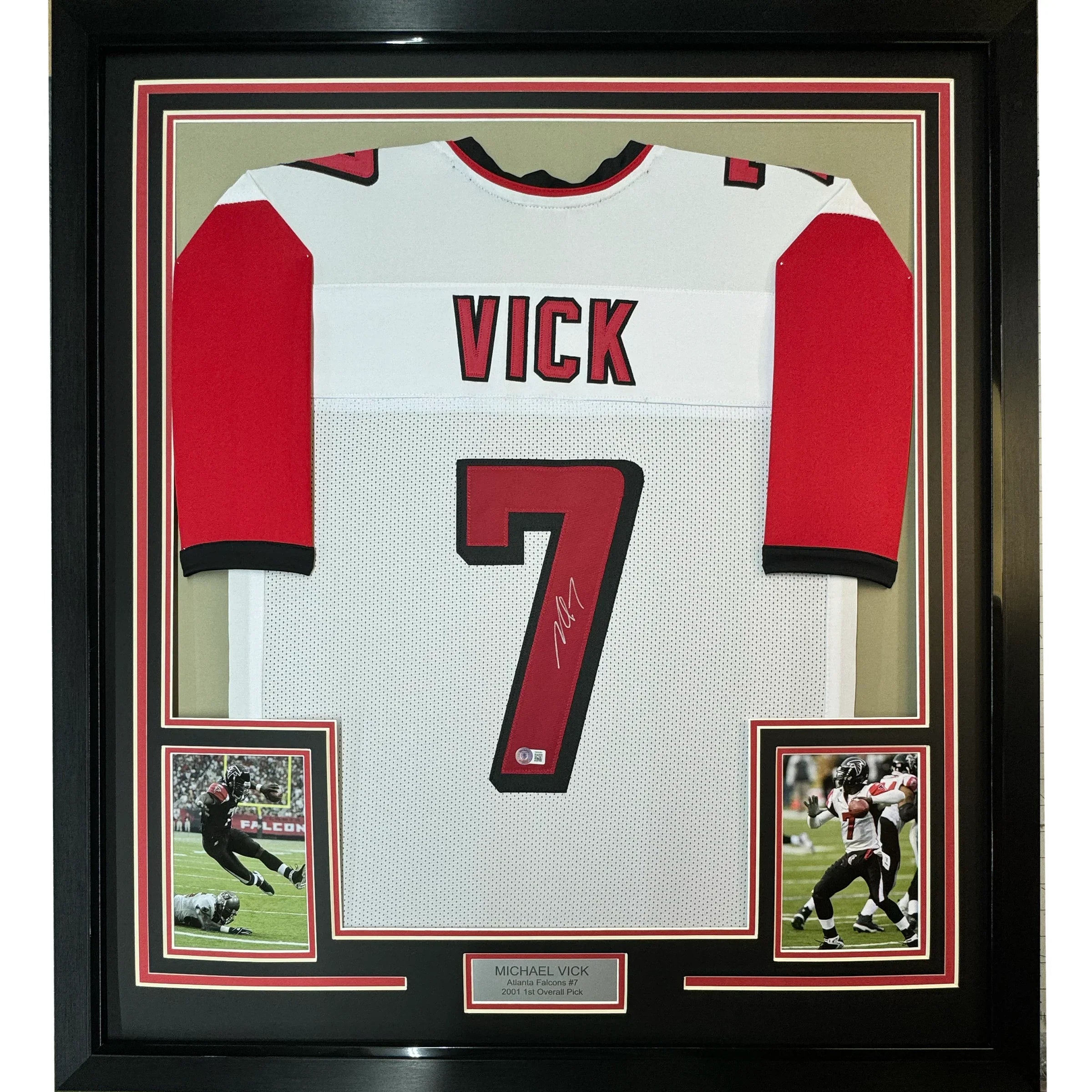 Framed Autographed/Signed Michael Mike Vick 35x39 Atlanta White Football Jersey PSA/DNA COA