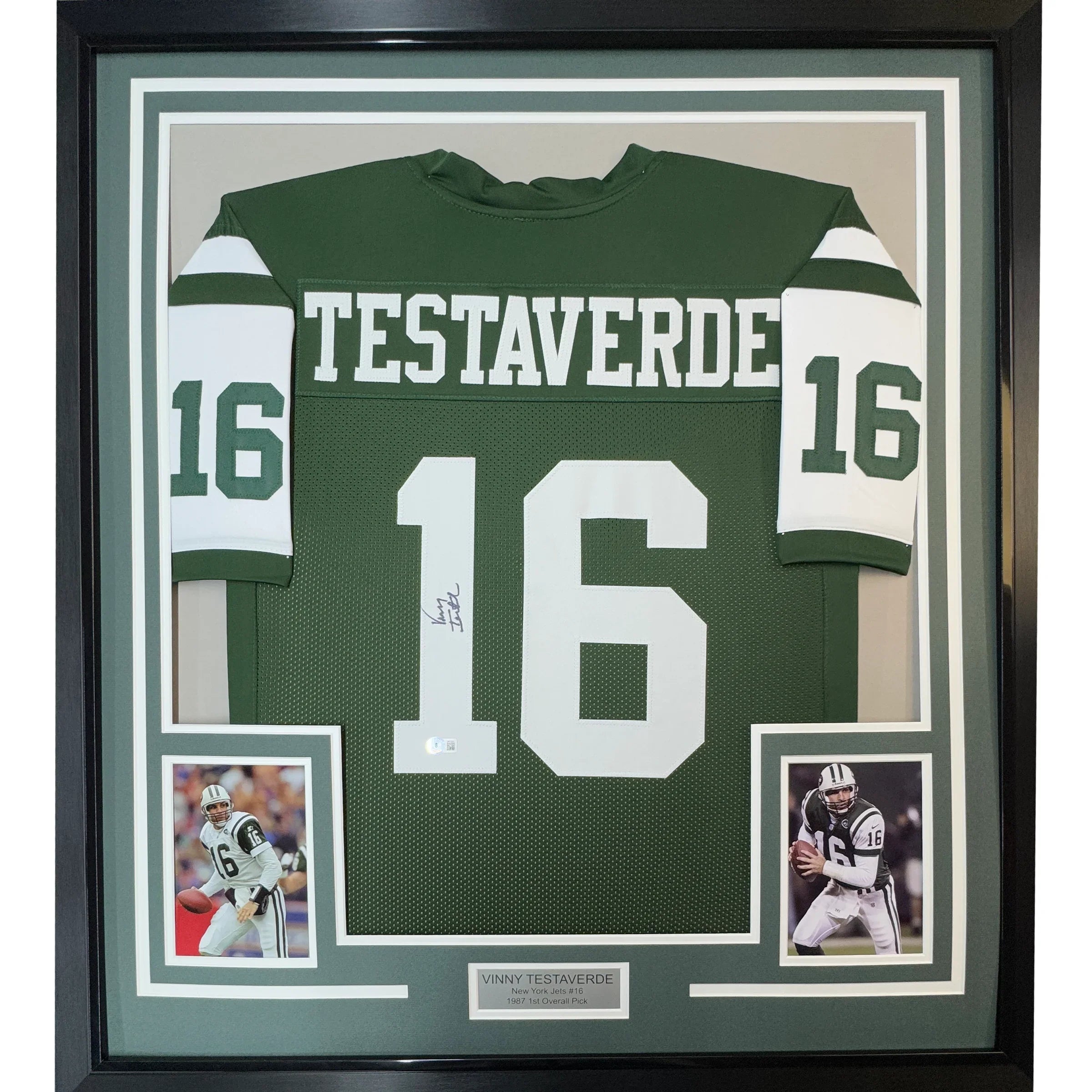 Framed Autographed/Signed Vinny Testaverde 35x39 New York Green Football Jersey JSA COA