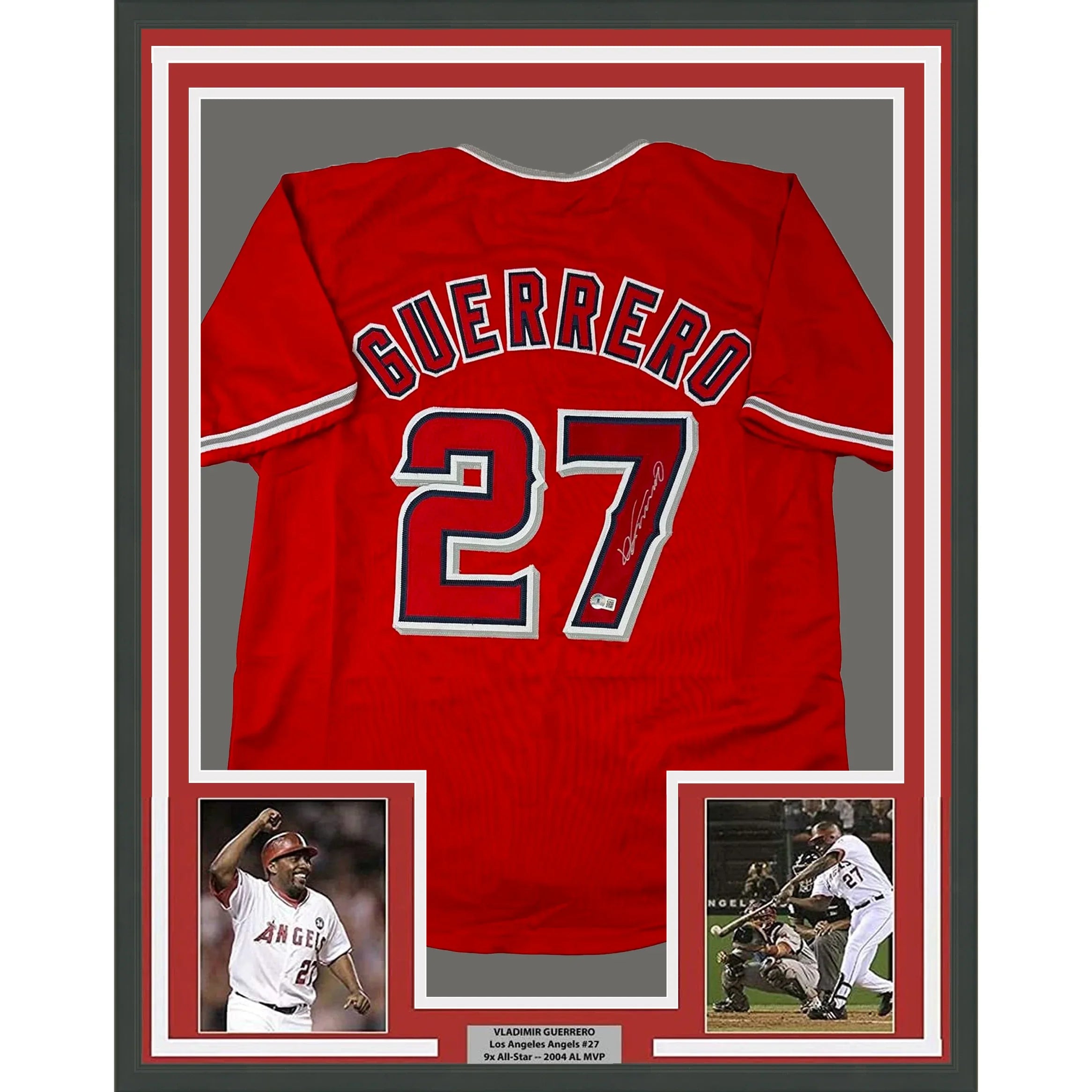 Framed Autographed/Signed Vladimir Vlad Guerrero 35x39 Los Angeles LA Anaheim Red Baseball Jersey Beckett BAS COA