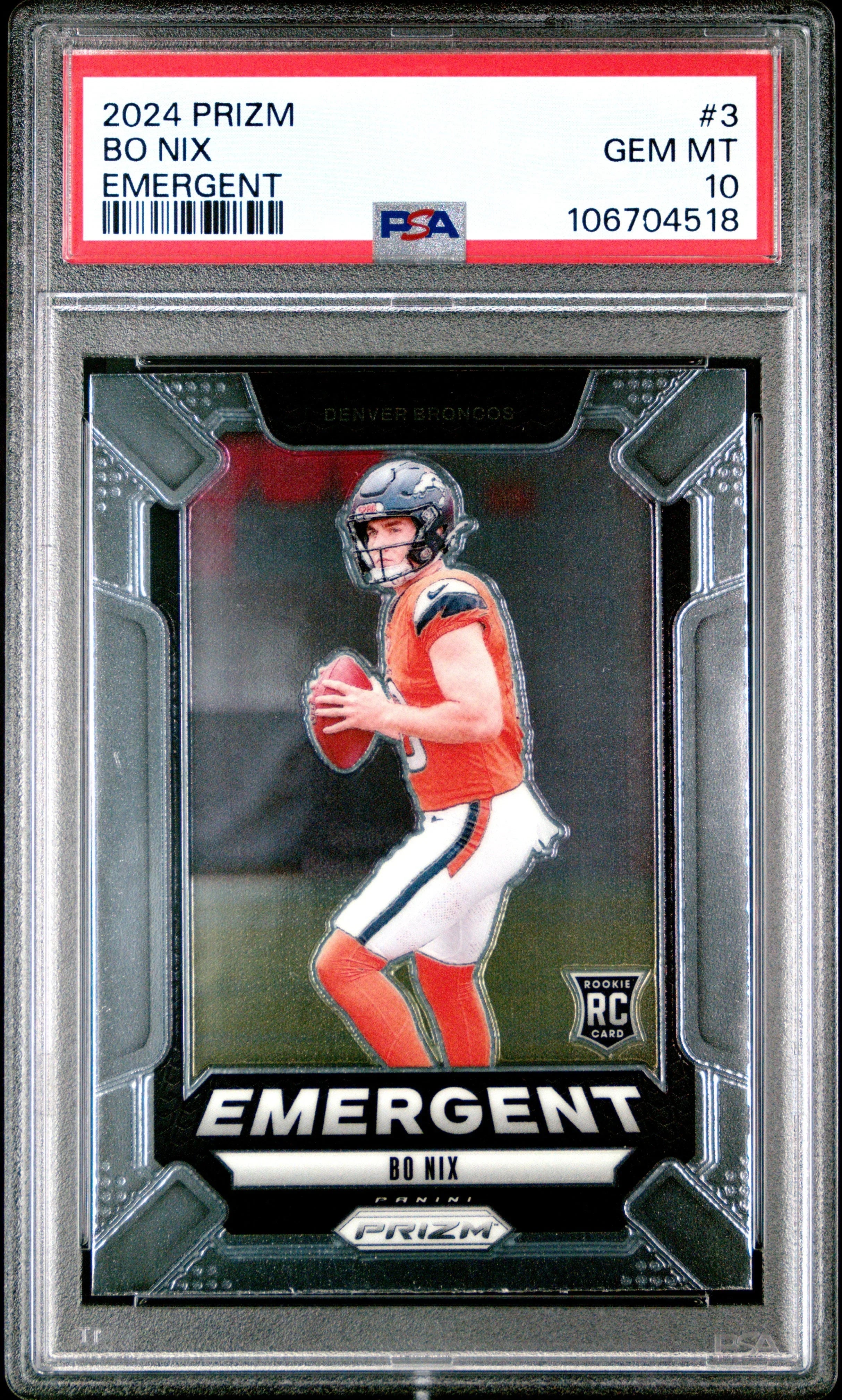 Graded 2024 Panini Prizm Bo Nix #3 Emergent Rookie RC Football Card PSA 10 Gem Mint