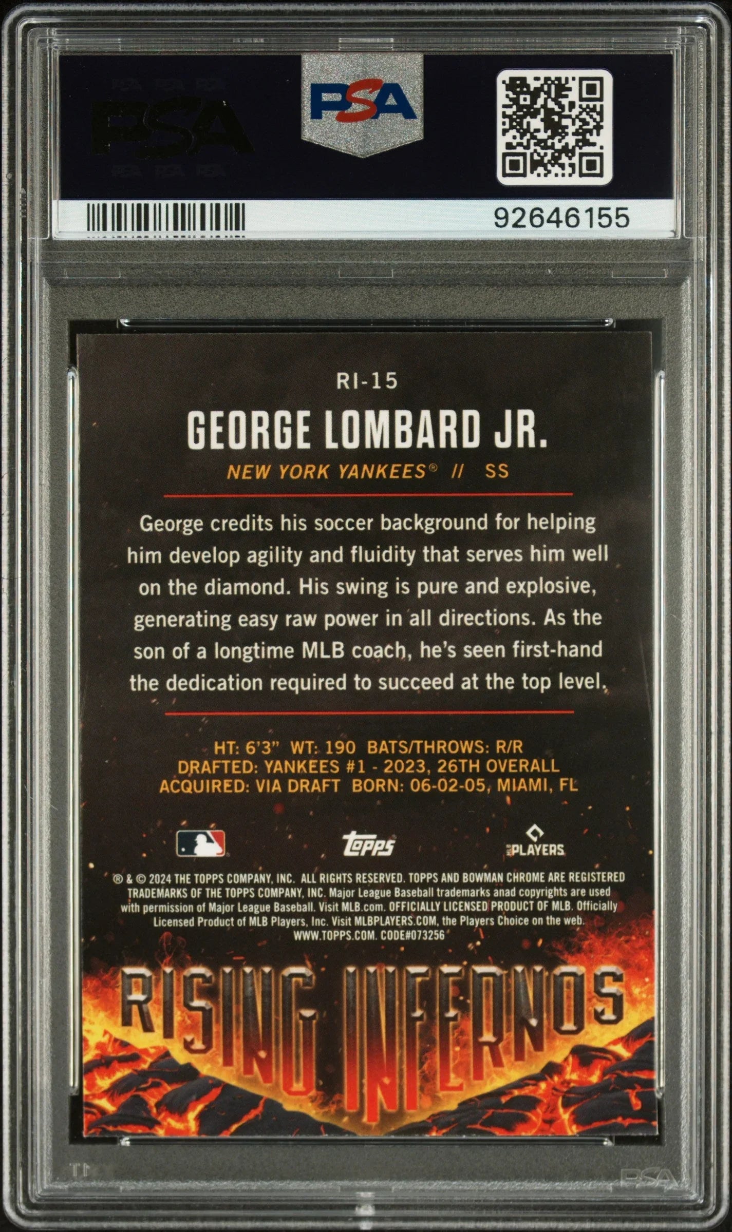Graded 2024 Topps Bowman George Lombard Jr #RI15 Rising Infernos Rookie RC Baseball Card PSA 10 Gem Mint