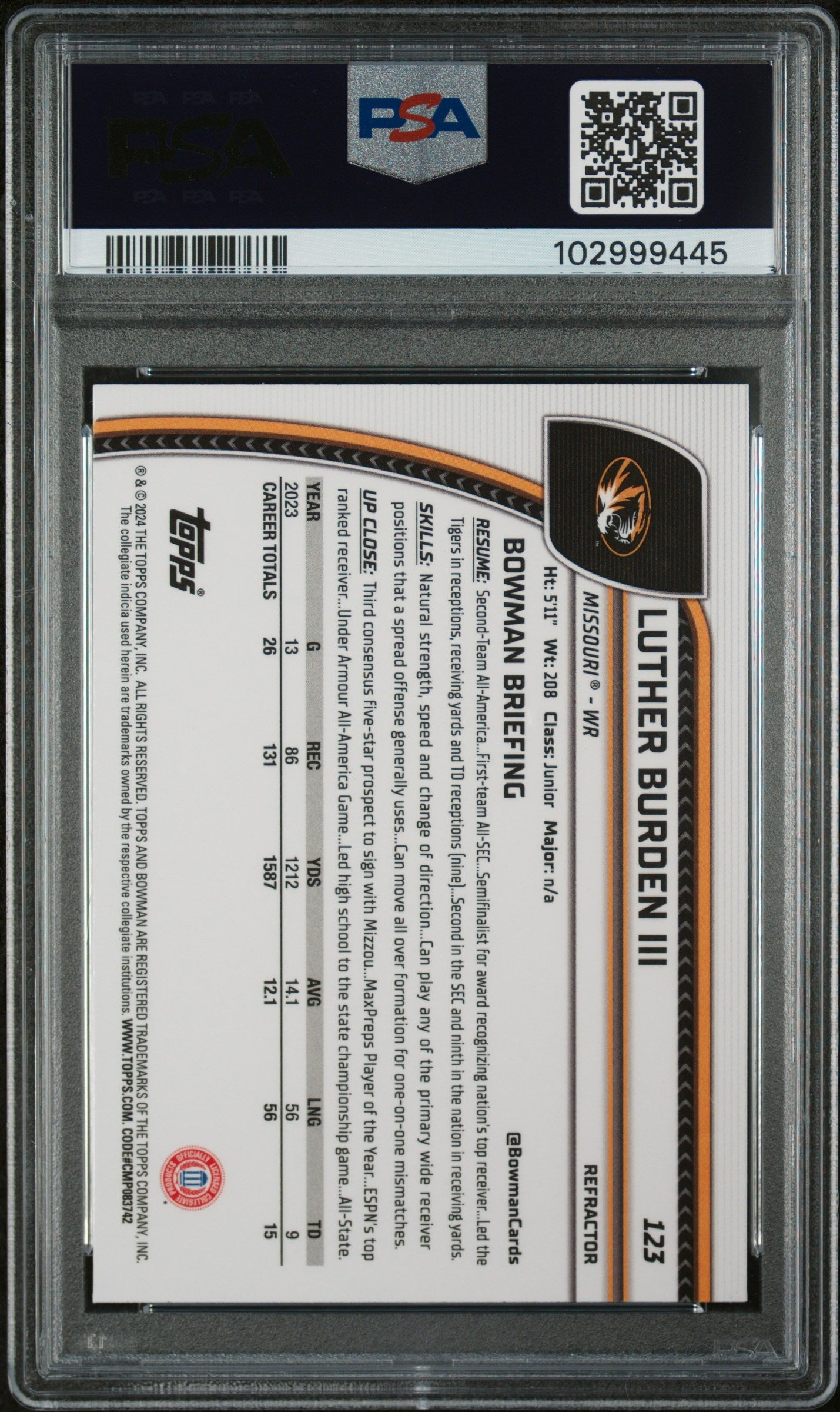 Graded 2024 Topps Bowman U Chrome Luther Burden III #123 Refractor Rookie RC Football Card PSA 10 Gem Mint