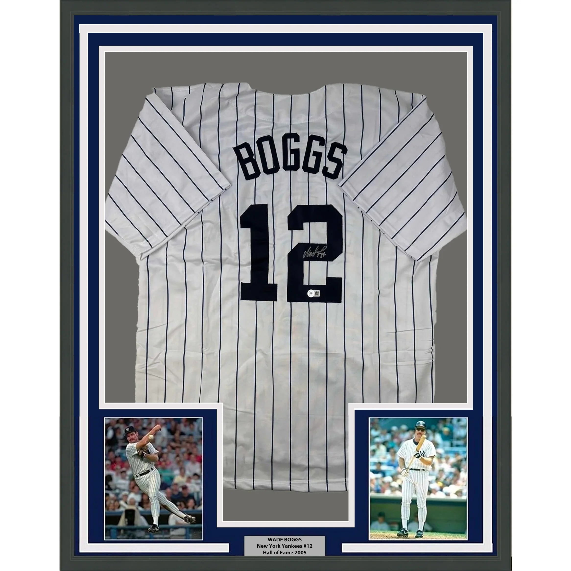Framed Autographed/Signed Wade Boggs 35x39 New York Pinstripe Baseball Jersey Beckett BAS COA