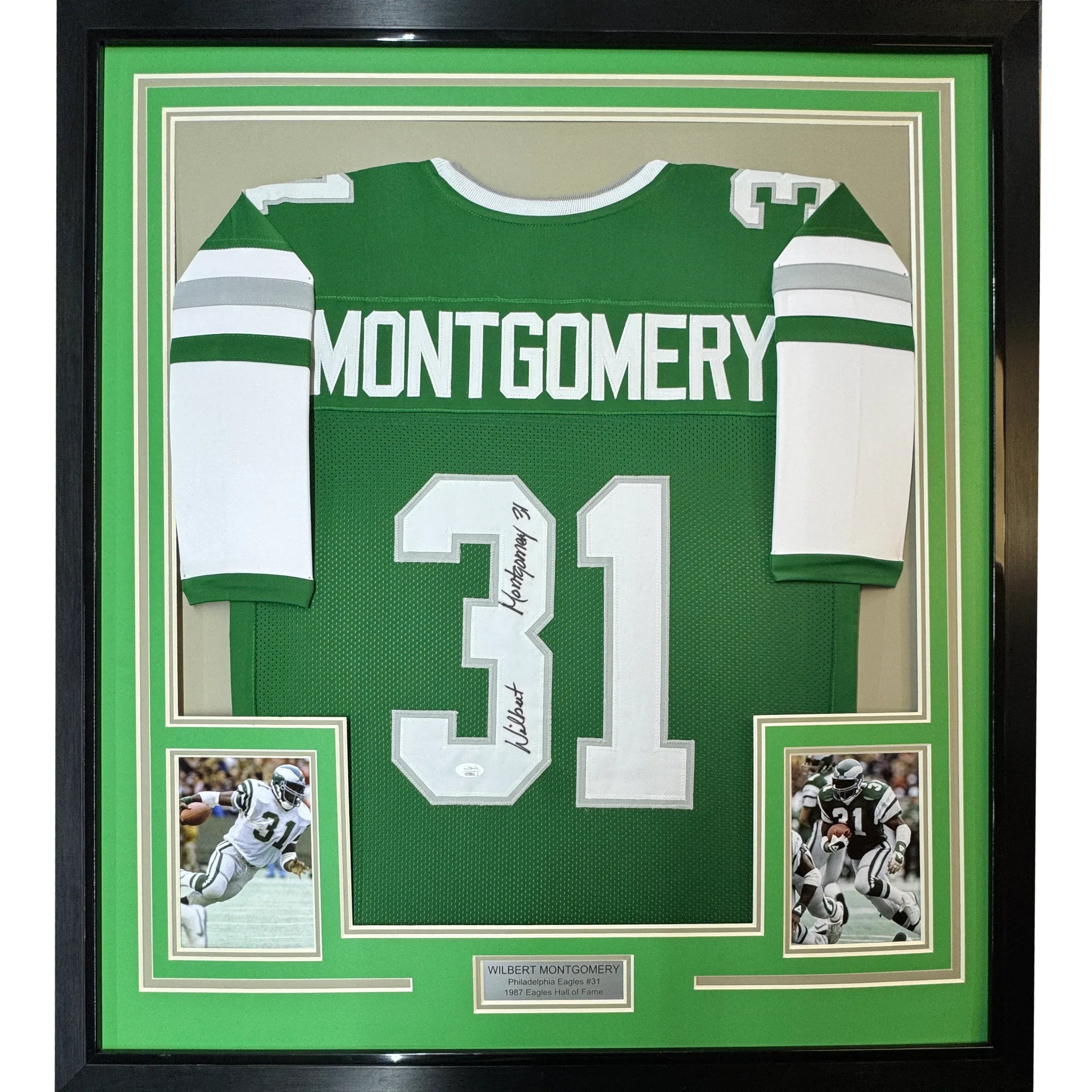 Framed Autographed/Signed Wilbert Montgomery 35x39 Philadelphia Green Football Jersey JSA COA