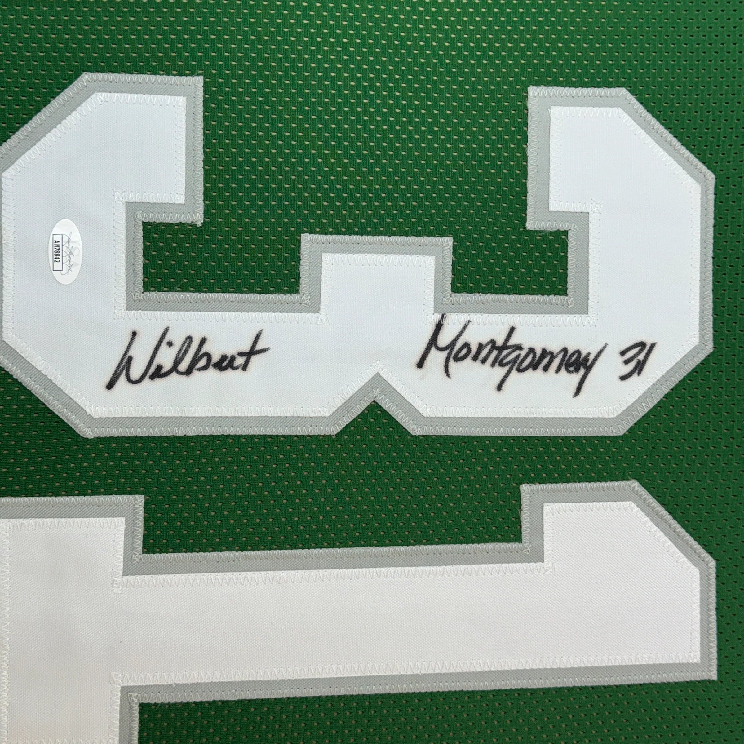 Framed Autographed/Signed Wilbert Montgomery 35x39 Philadelphia Green Football Jersey JSA COA