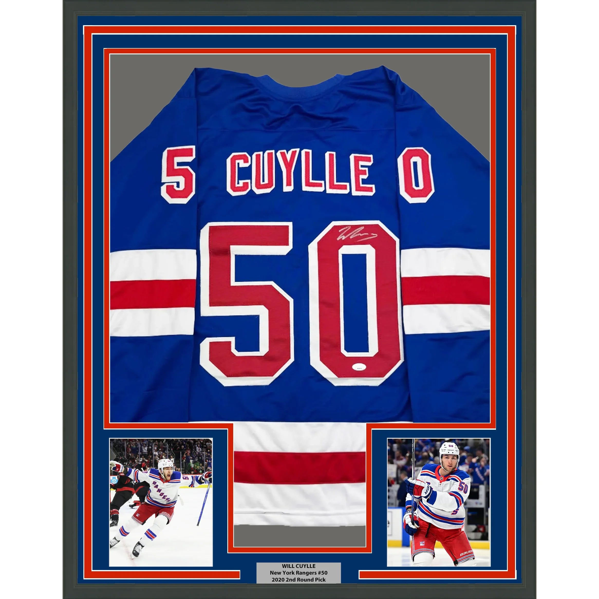 Framed Autographed/Signed Will Cuylle 35x39 New York Blue Hockey Jersey JSA COA