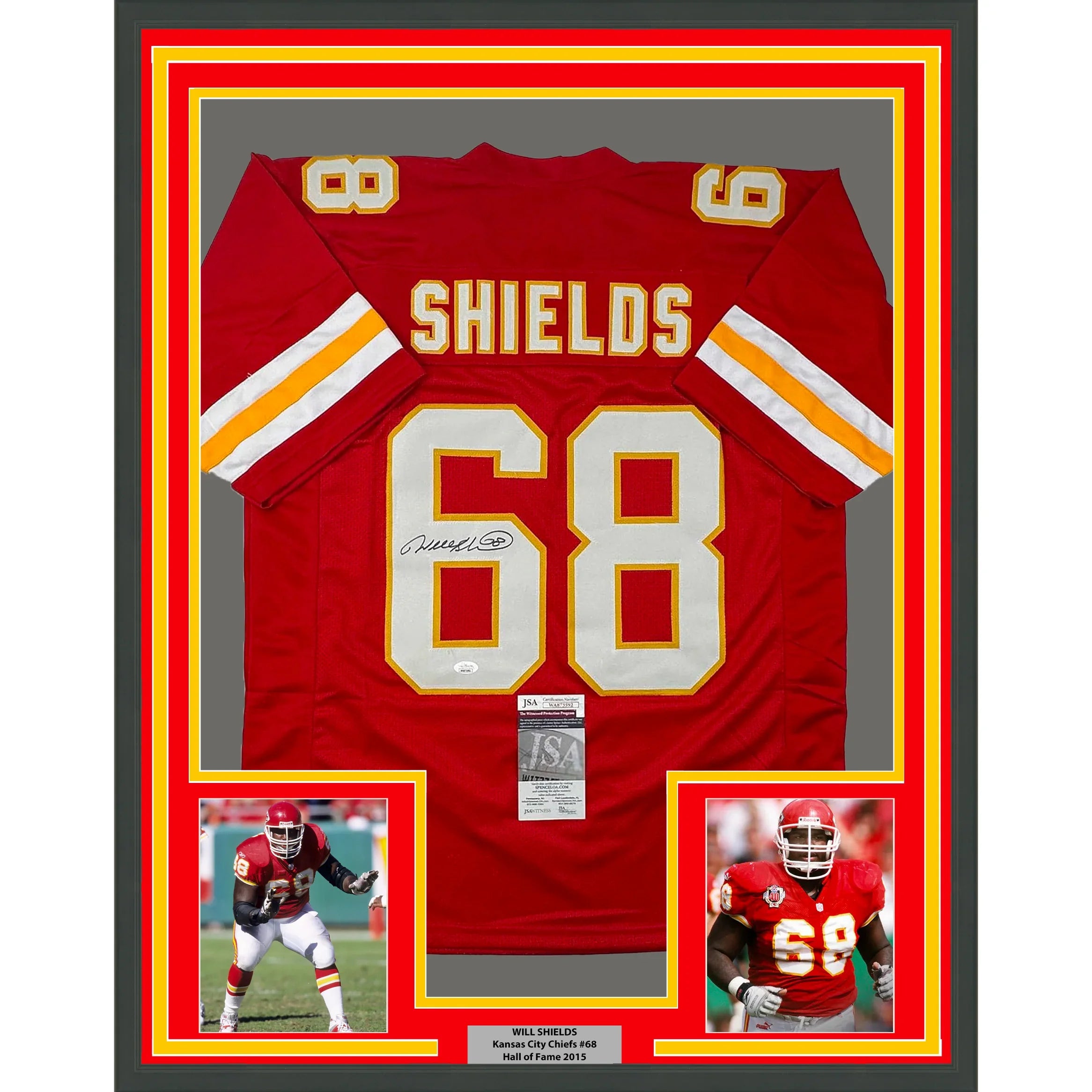 Framed Autographed/Signed Will Shields 35x39 Kansas City Red Football Jersey JSA COA