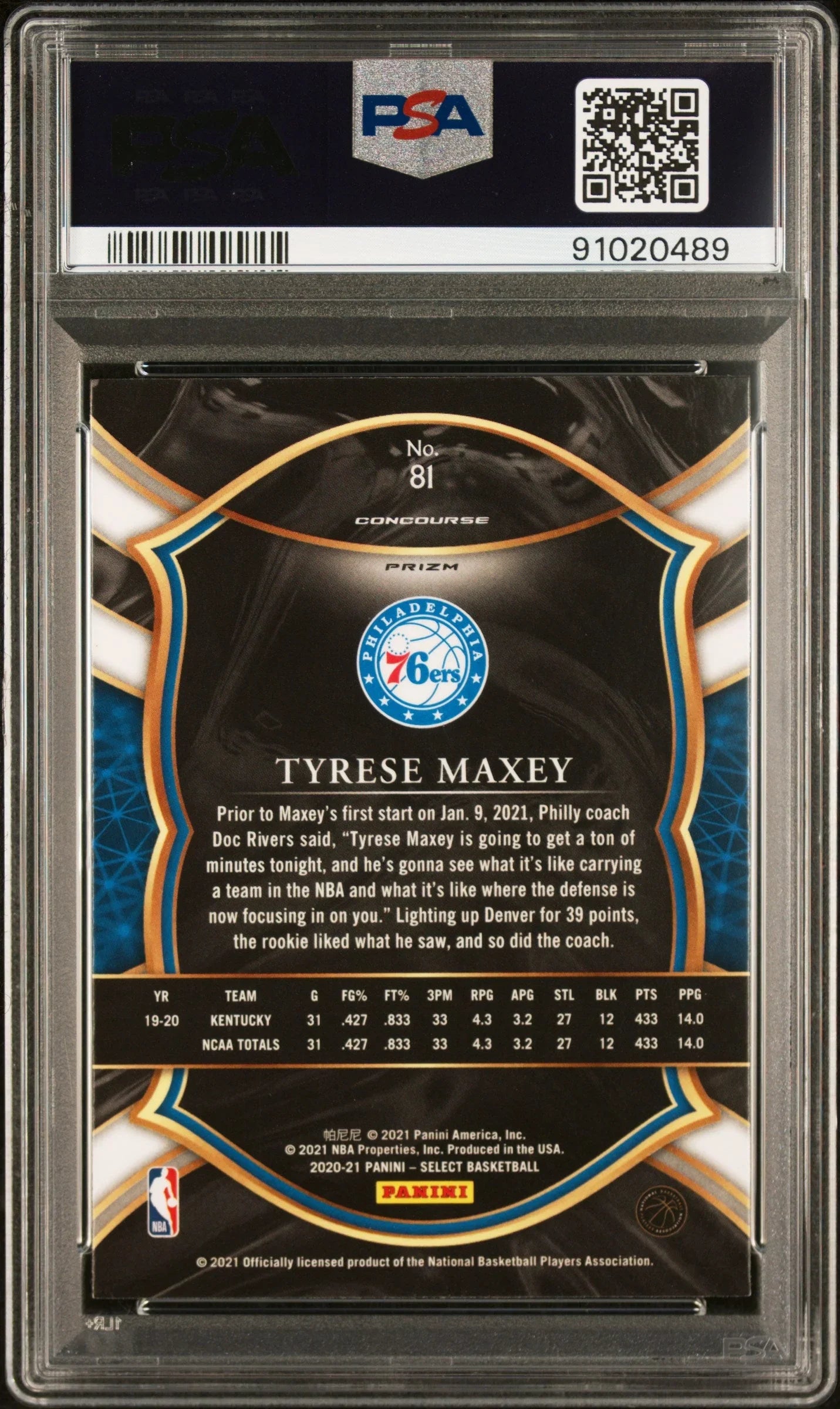 Graded 2020 Panini Select Tyrese Maxey #81 Silver Prizm Rookie RC Basketball Card PSA 10 Gem Mint