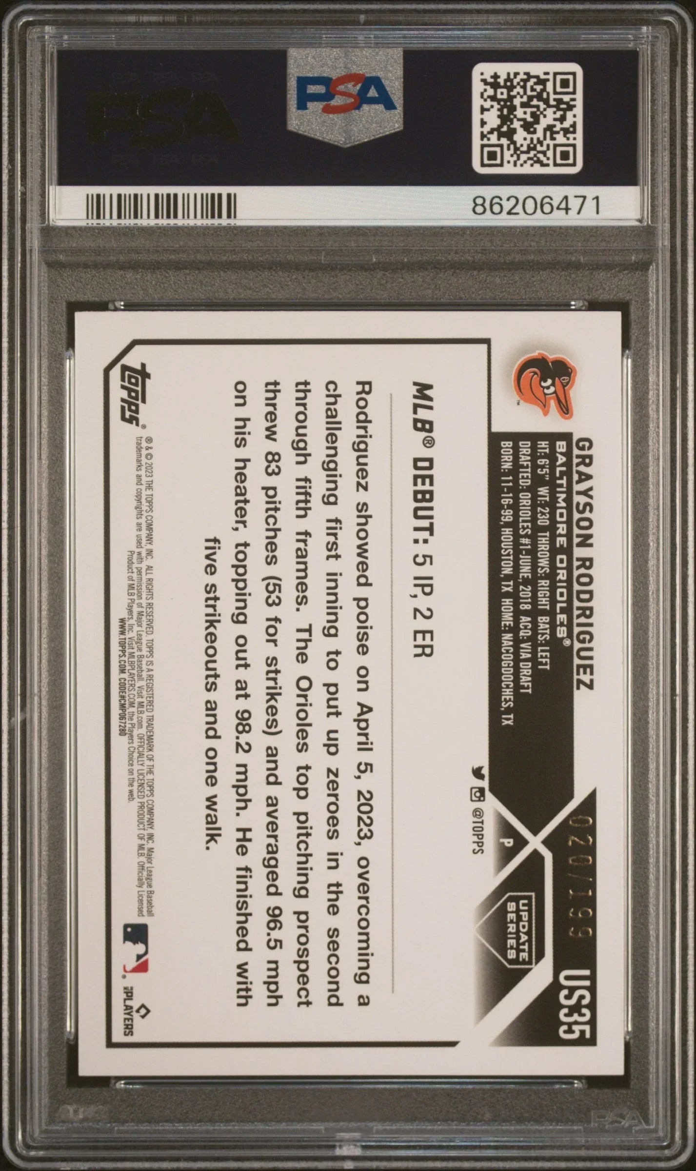 Graded 2023 Topps Update Grayson Rodriguez #US35 Red Foil #/199 Rookie RC Baseball Card PSA 10 Gem Mint